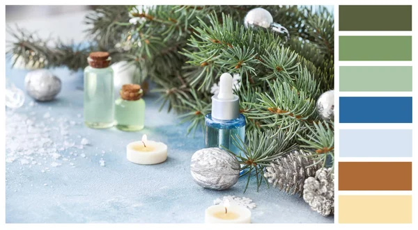 Karácsonyi wellness hétvégéhez illő illóolajok és gyertyák dekorációval.