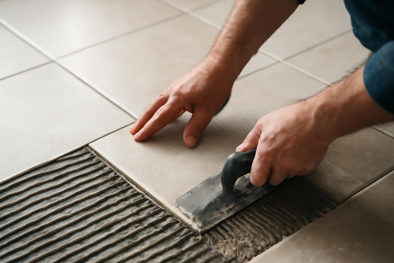 Csempe lerakása, a szakember a ragasztót simítja a padlóra.