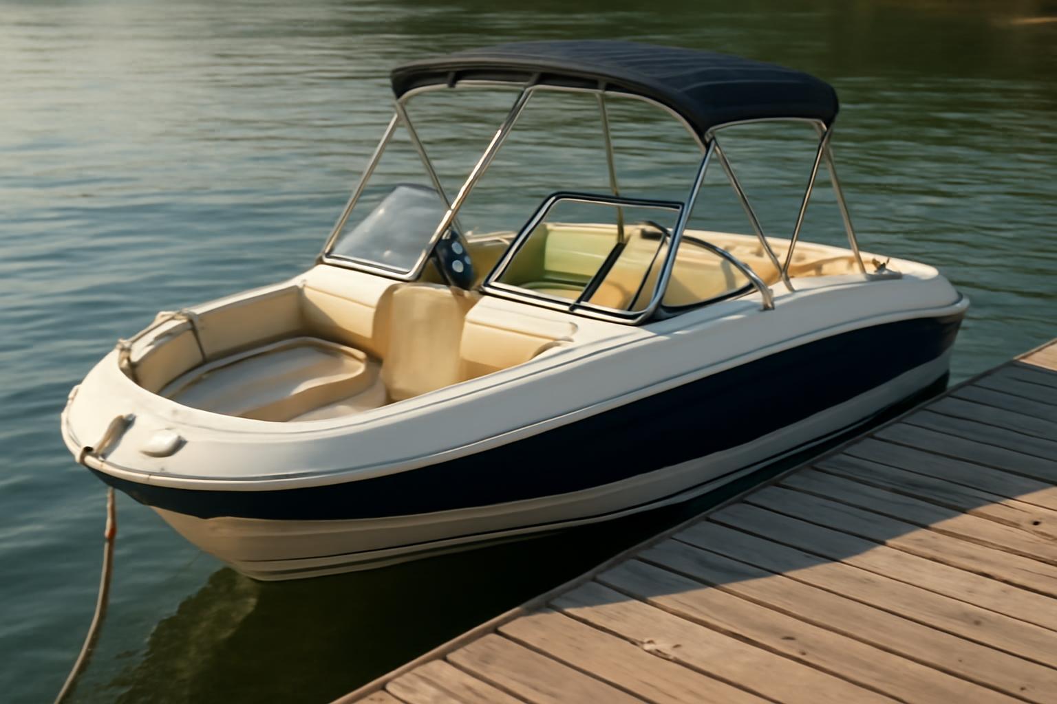 Egy csónak kikötve a vízparton, a víz tükröződik a napfényben.