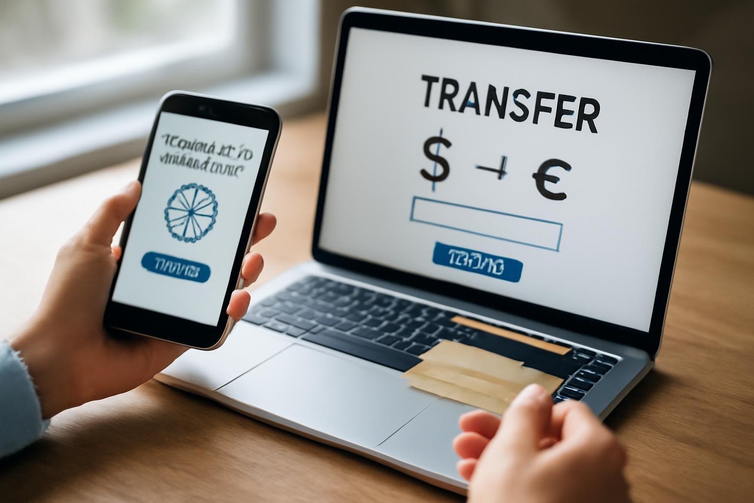 Egy kéz mobiltelefonon deviza átutalást mutat, míg a laptopon a tranzakciós információk láthatók.