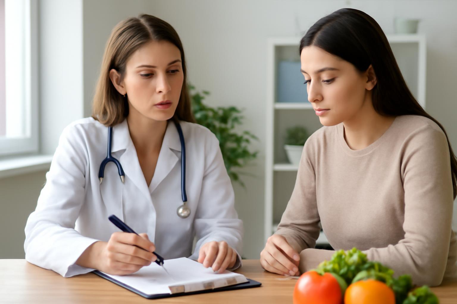 Egy orvos diétás tanácsadást ad egy fiatal nőnek, miközben jegyzetel.