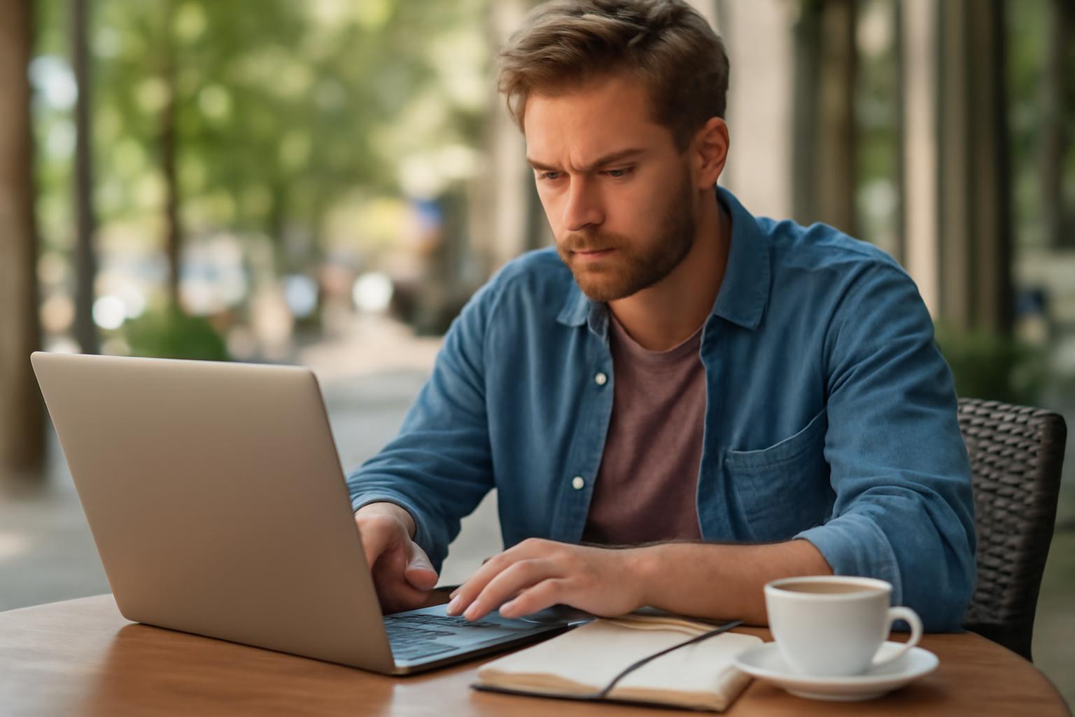 Egy fiatal férfi laptopon dolgozik egy kávézó teraszán, zöld fák között.
