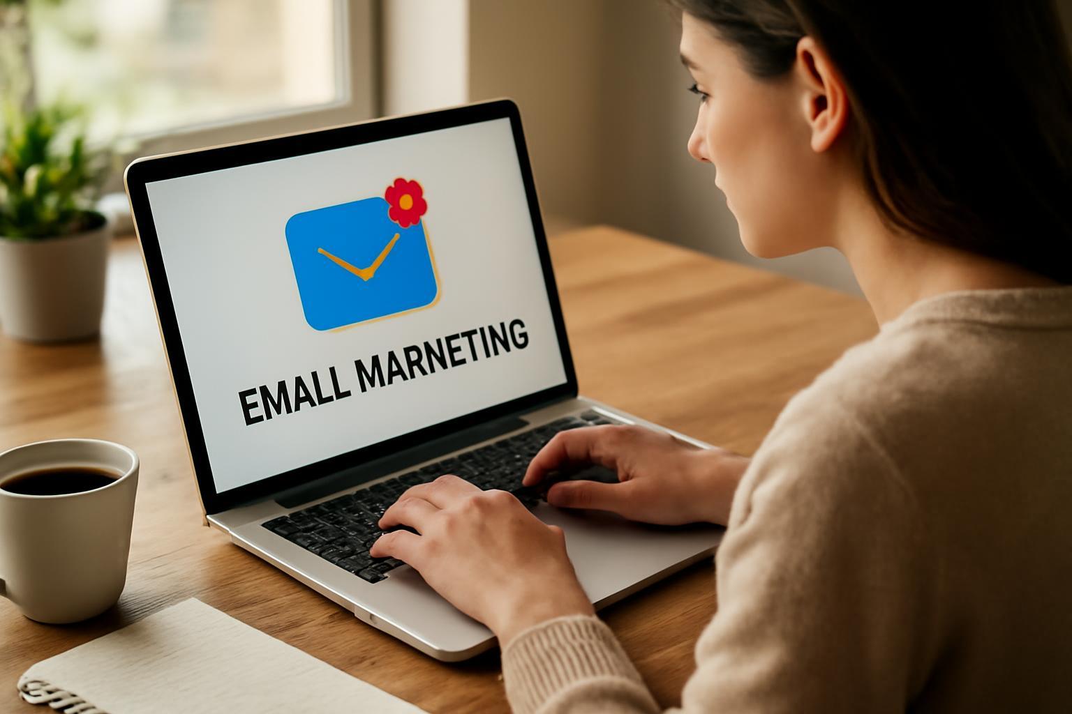 Egy nő laptopon dolgozik, e-mail marketing kampányt tervez.