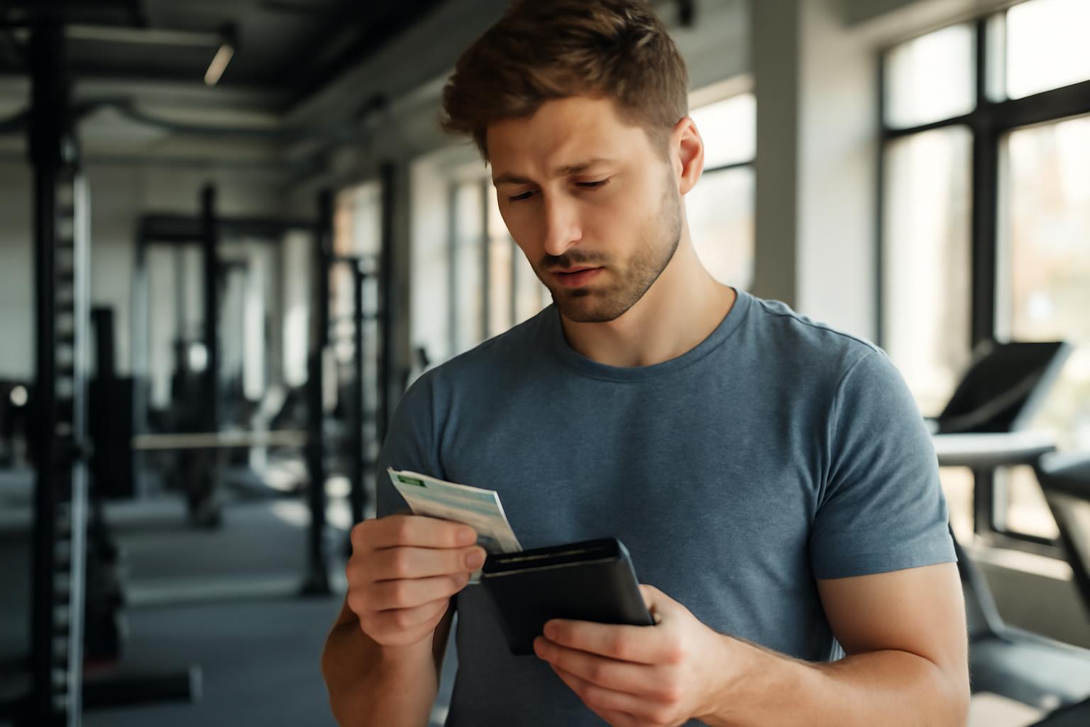 Egy férfi az edzőteremben pénztárcáját nézi, bérletet ellenőrizve.