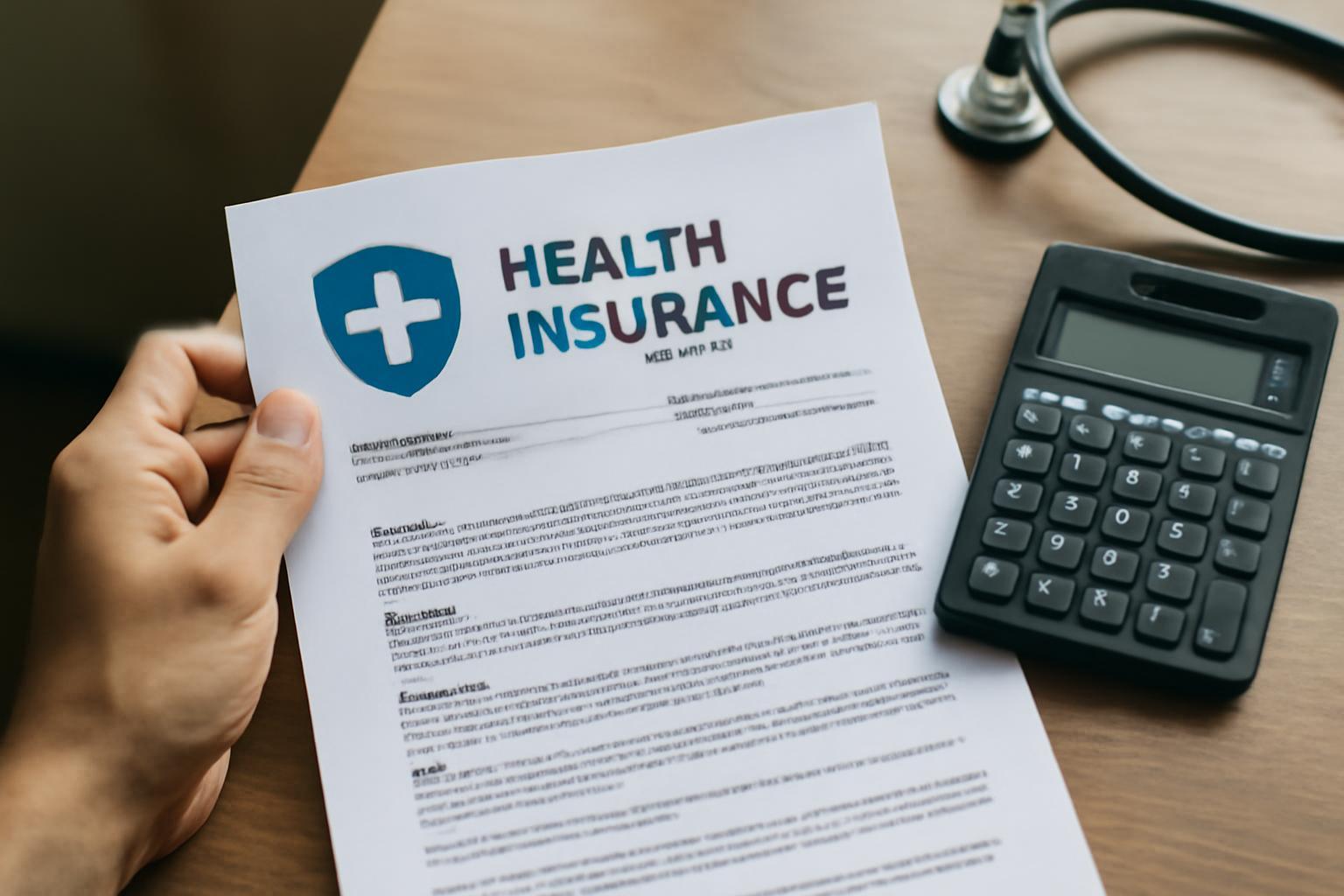Egészségbiztosítási dokumentum és számológép egy asztalon.