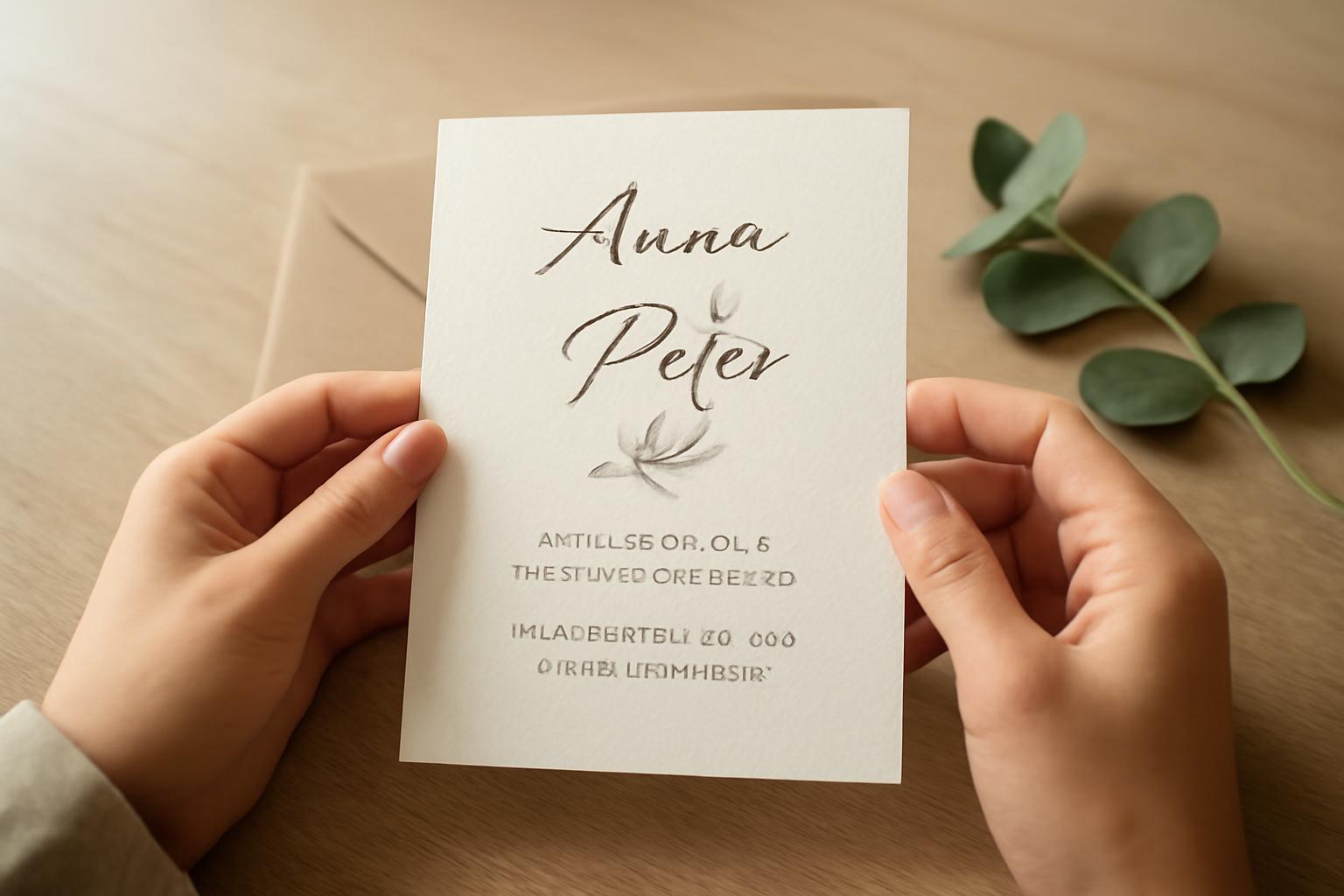 Egy elegáns, egyedi esküvői meghívó, amelyet kézben tartanak.