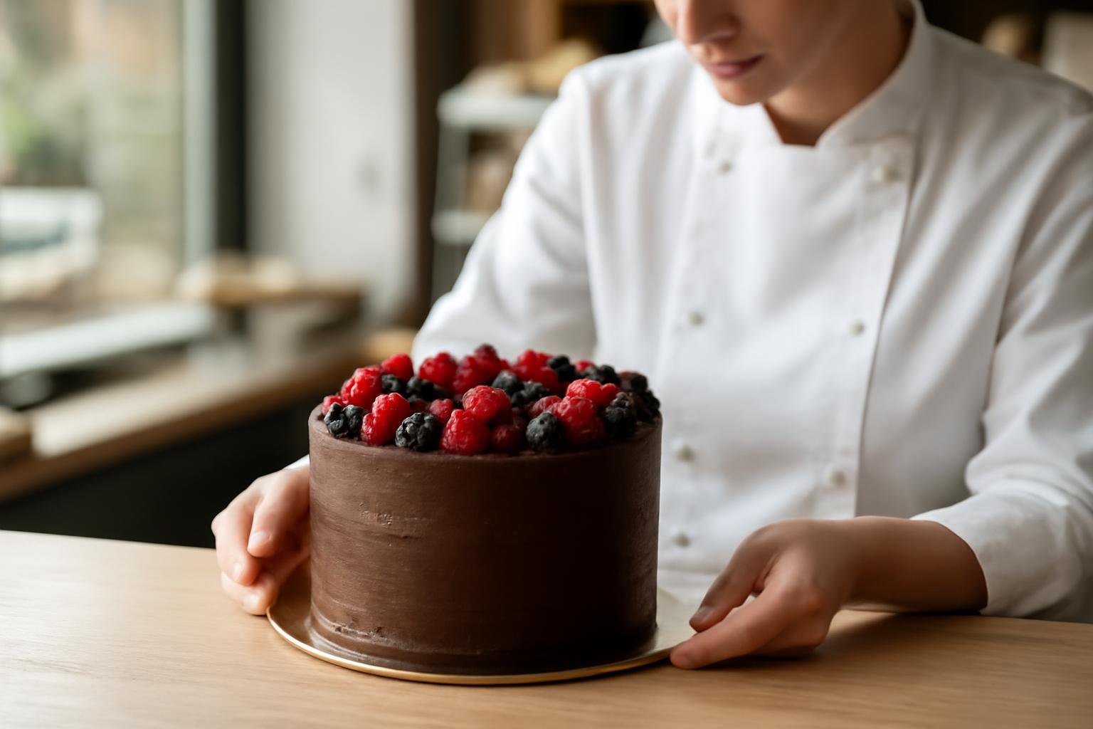 Egy cukrász egy csokoládétortát tart, tetején friss bogyós gyümölcsökkel.