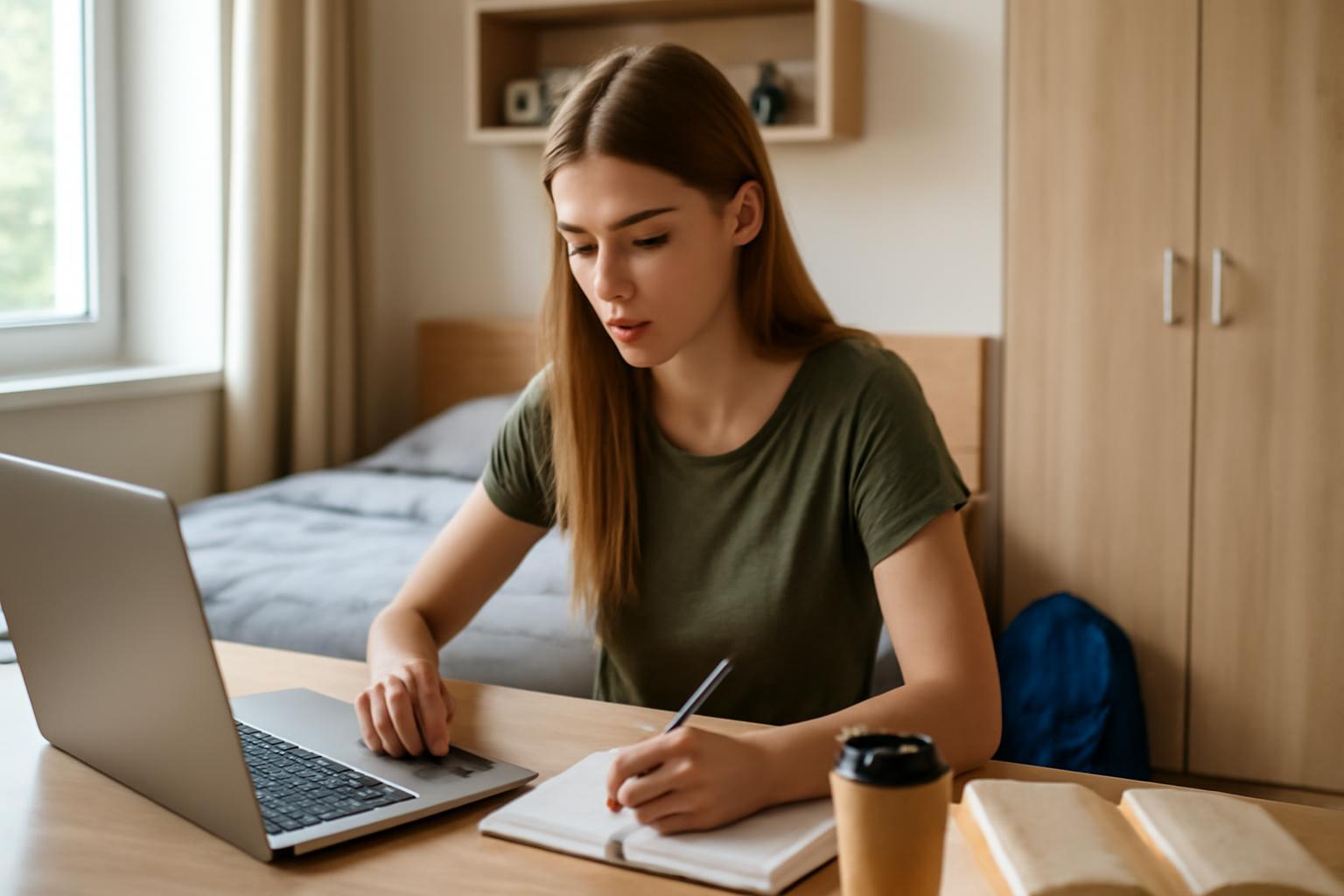 Egy fiatal nő tanul egyetemi kollégiumában, laptop előtt ülve.