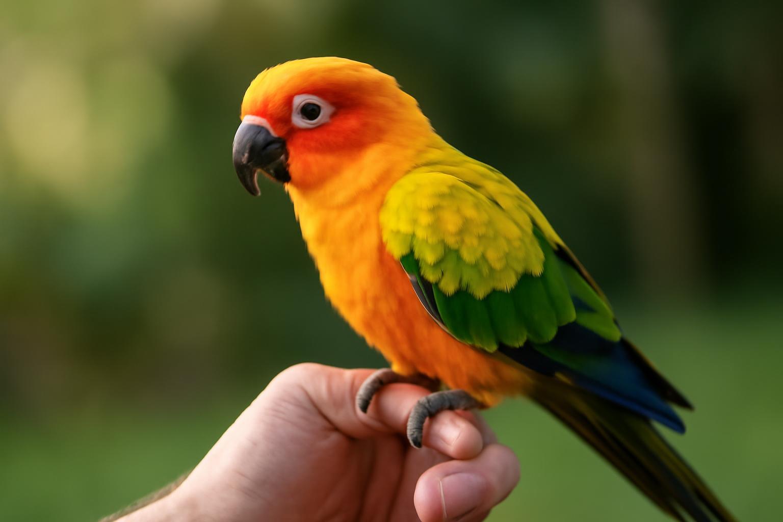 Egy színes egzotikus madár, napfényben, emberi kézen ülve.