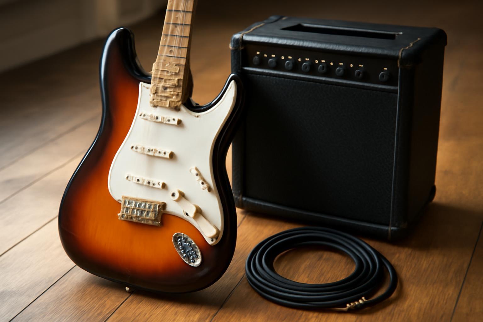 Egy elektromos gitár szett, amely tartalmaz egy gitárt, erősítőt és kábelt.