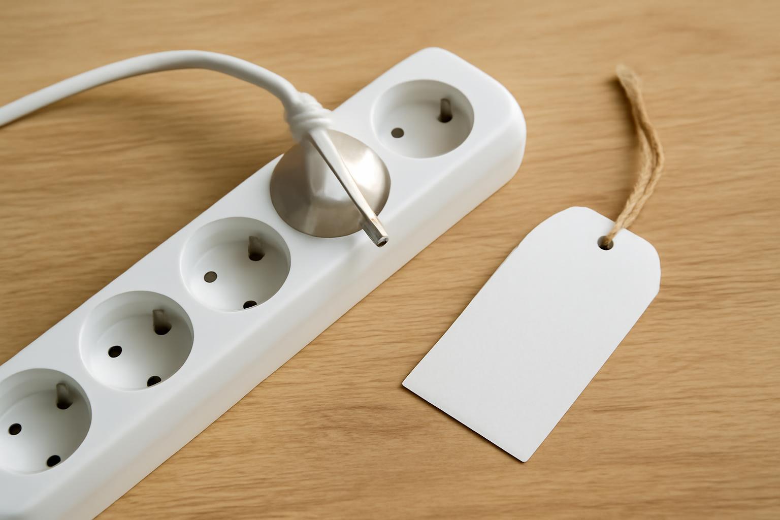 Fehér elektromos hosszabbító, három aljzattal és egy címkével.