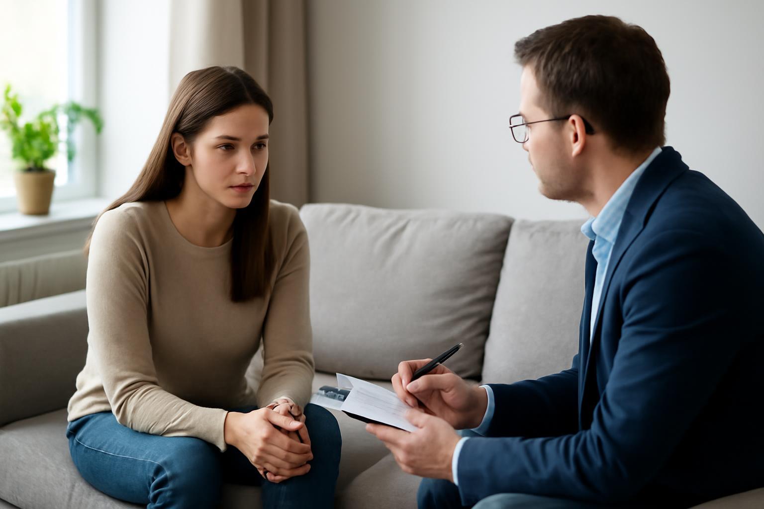 Egy nő és egy férfi ül egy kanapén, életvezetési tanácsadáson beszélgetnek.