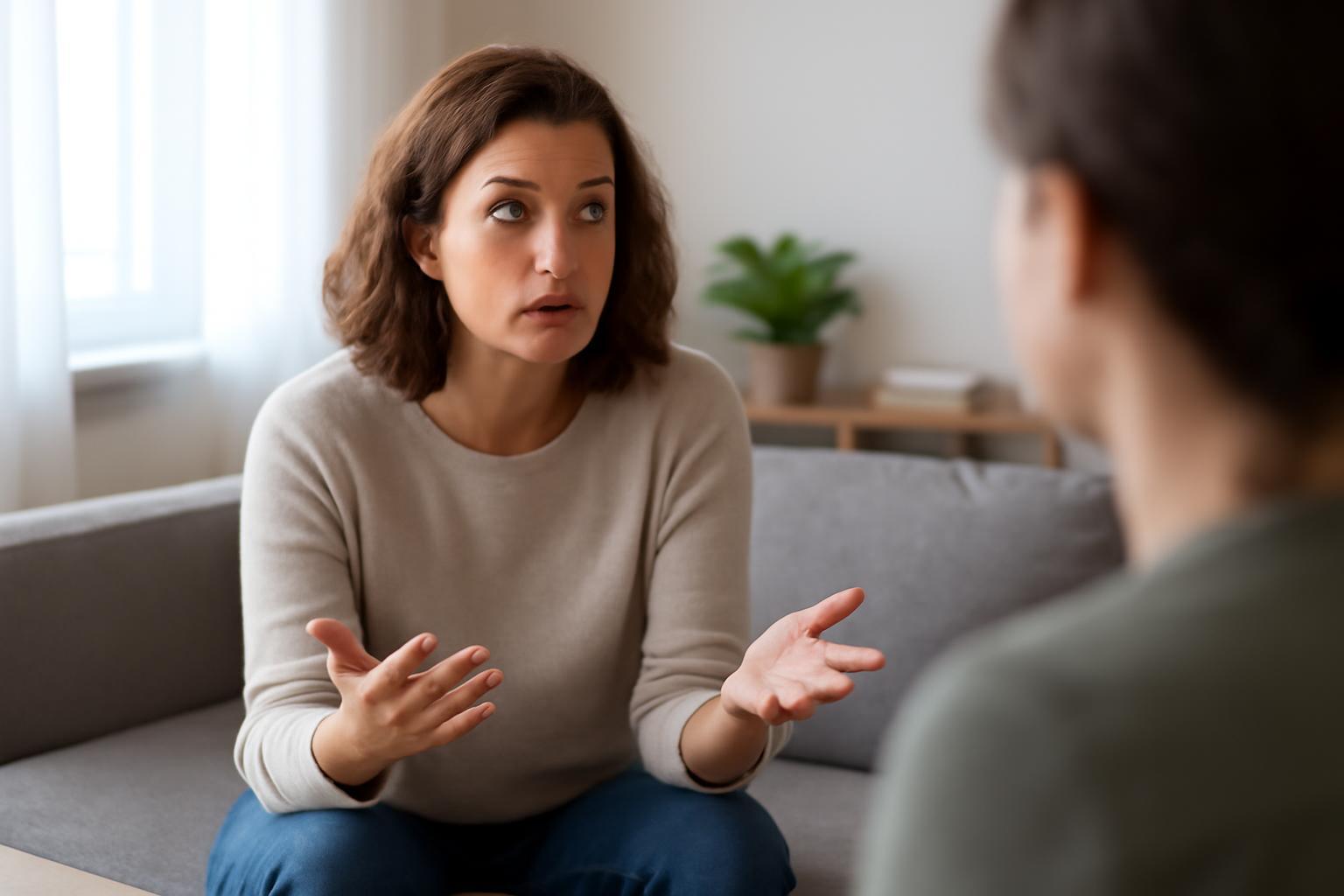 Két nő beszélget egy életvezetési tréning során, az egyik aktívan magyaráz.