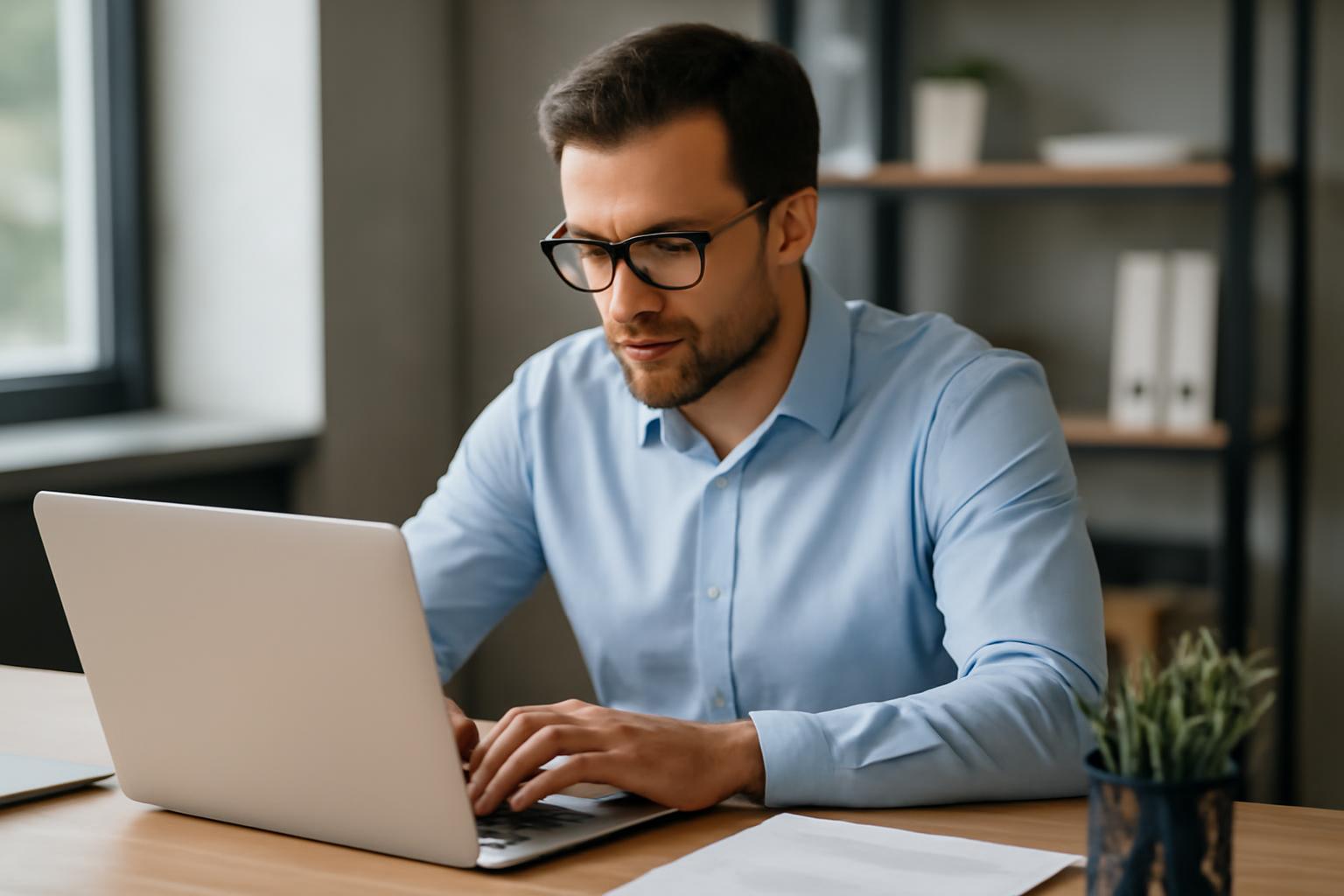 Egy férfi üzleti öltözetben laptopon dolgozik, e-mailt ír.