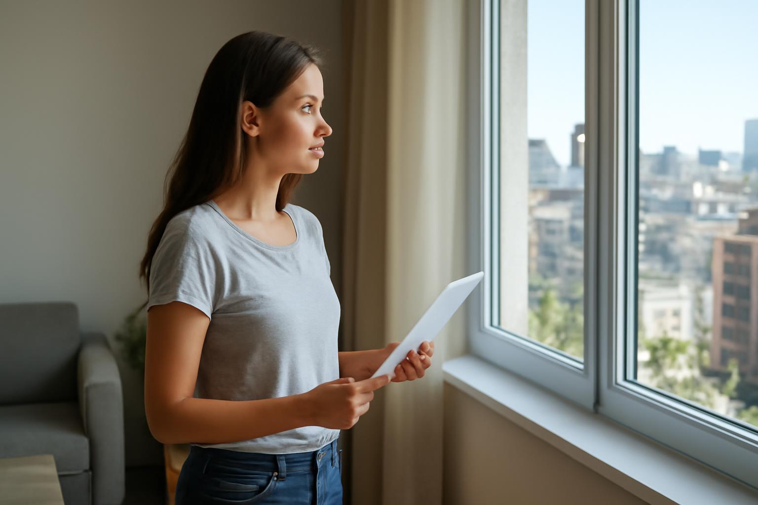 Egy fiatal nő néz ki az ablakon, kezében albérlet hirdetésekkel.