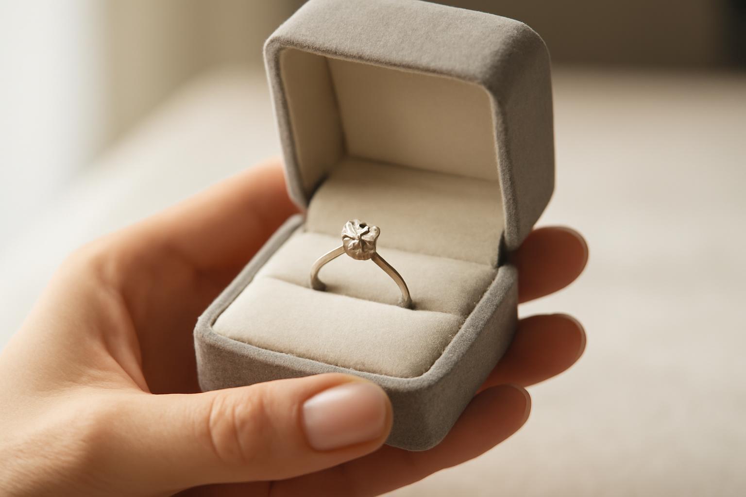 Egy eljegyzési gyűrű egy elegáns, szürke ékszerdobozban, kézben tartva.