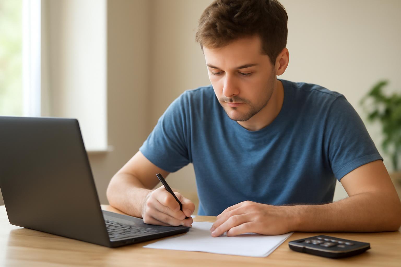 Fiatal férfi elméleti vizsgára készül, jegyzetel laptop előtt.