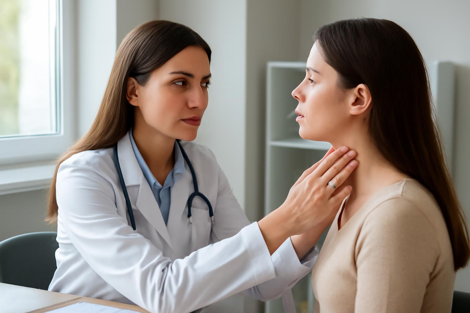 Egy endokrinológus vizsgálja a páciens nyakát magánrendelésen.