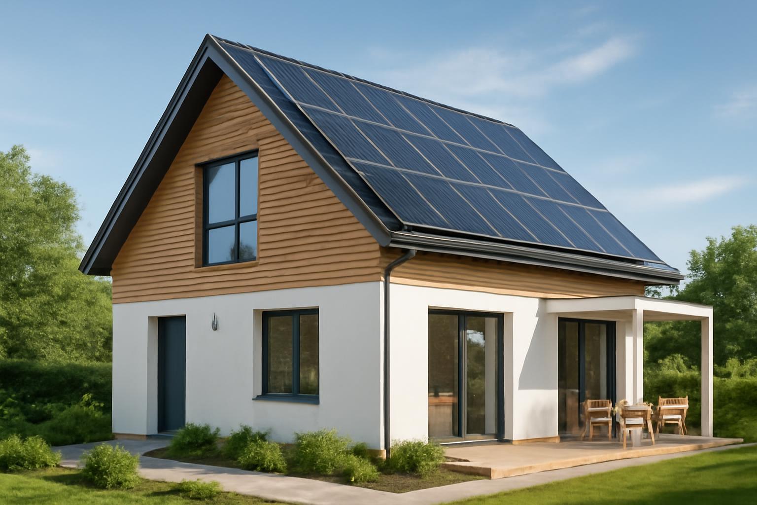 Egy modern energiatakarékos ház napkollektorokkal a tetőn, zöld környezetben.