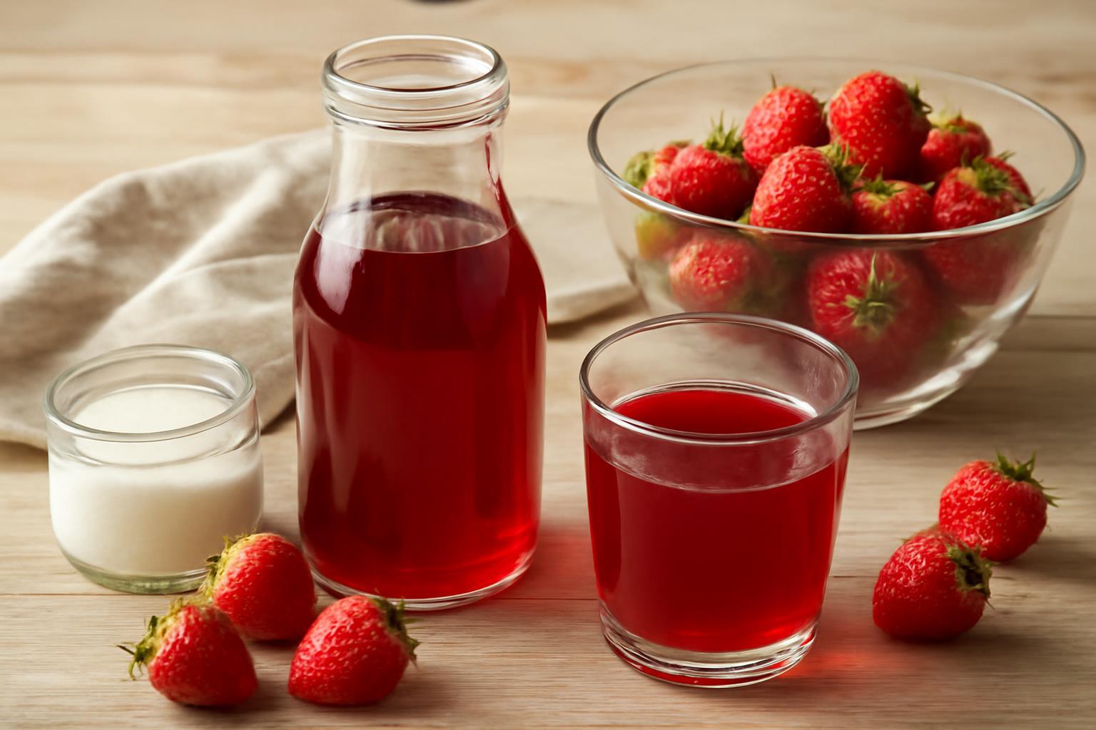 Eper szörp és friss eper gyümölcsök egy asztalon, otthoni készítéshez.