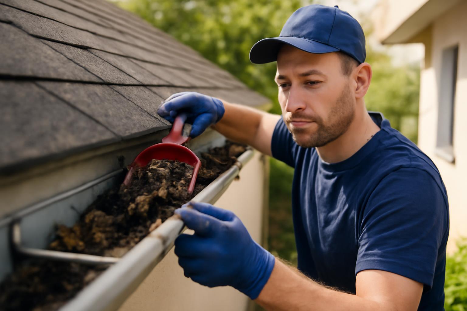 Egy férfi ereszcsatornát tisztít, miközben figyelmesen dolgozik.
