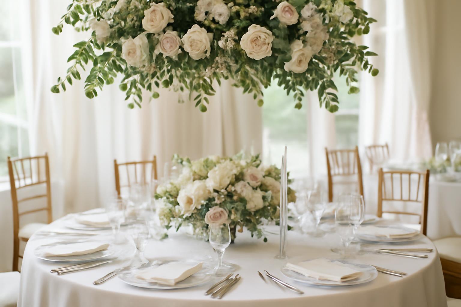 Elegáns esküvői asztaldekoráció, fehér rózsákkal és zöld növényekkel.