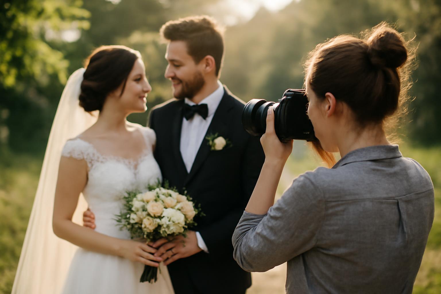 Egy esküvői fotós készít képet egy boldog pár szertartásán, gyönyörű háttérrel.
