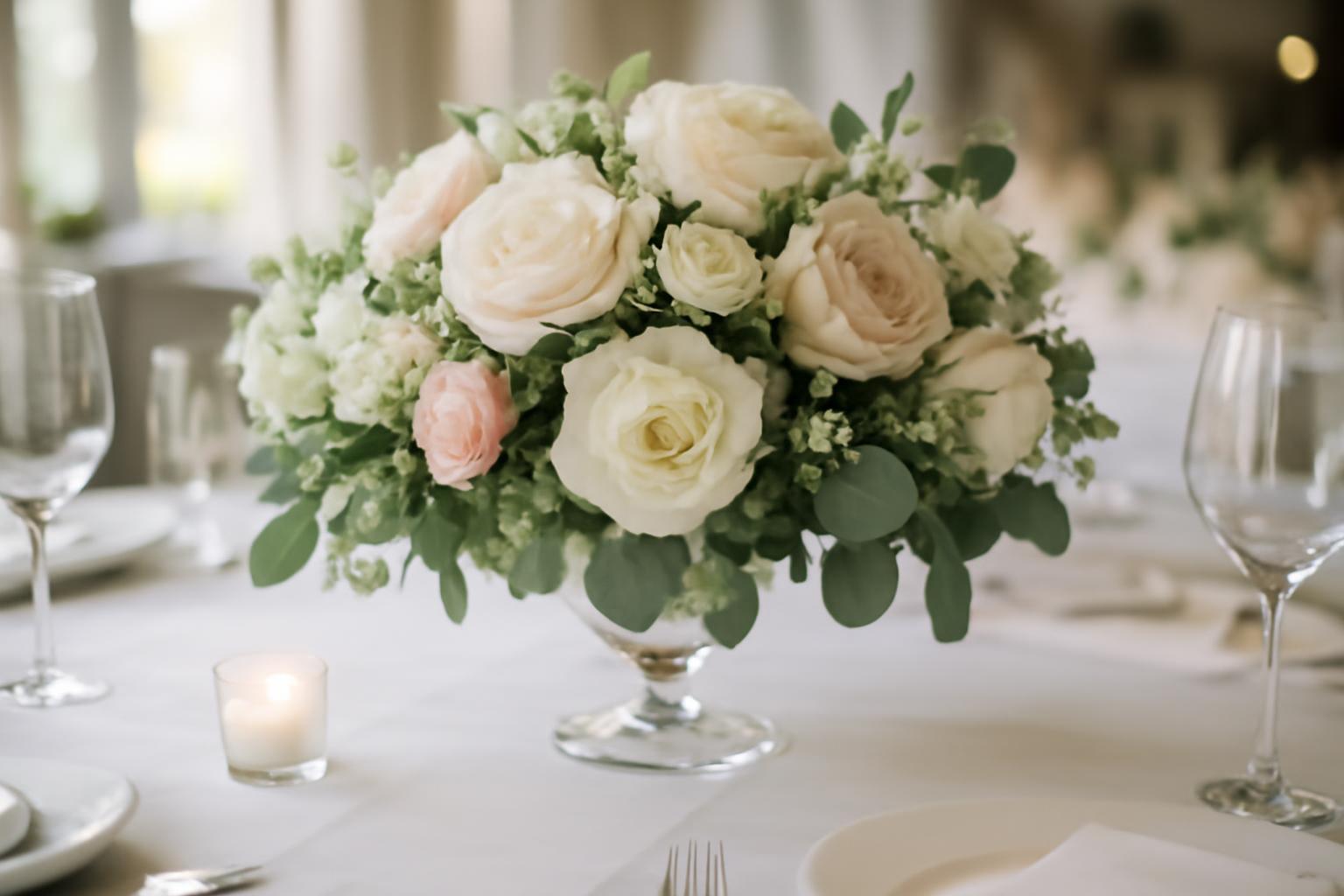 Egy elegáns asztali virágdísz, rózsák és zöld levelek díszítik az esküvői terítéket.