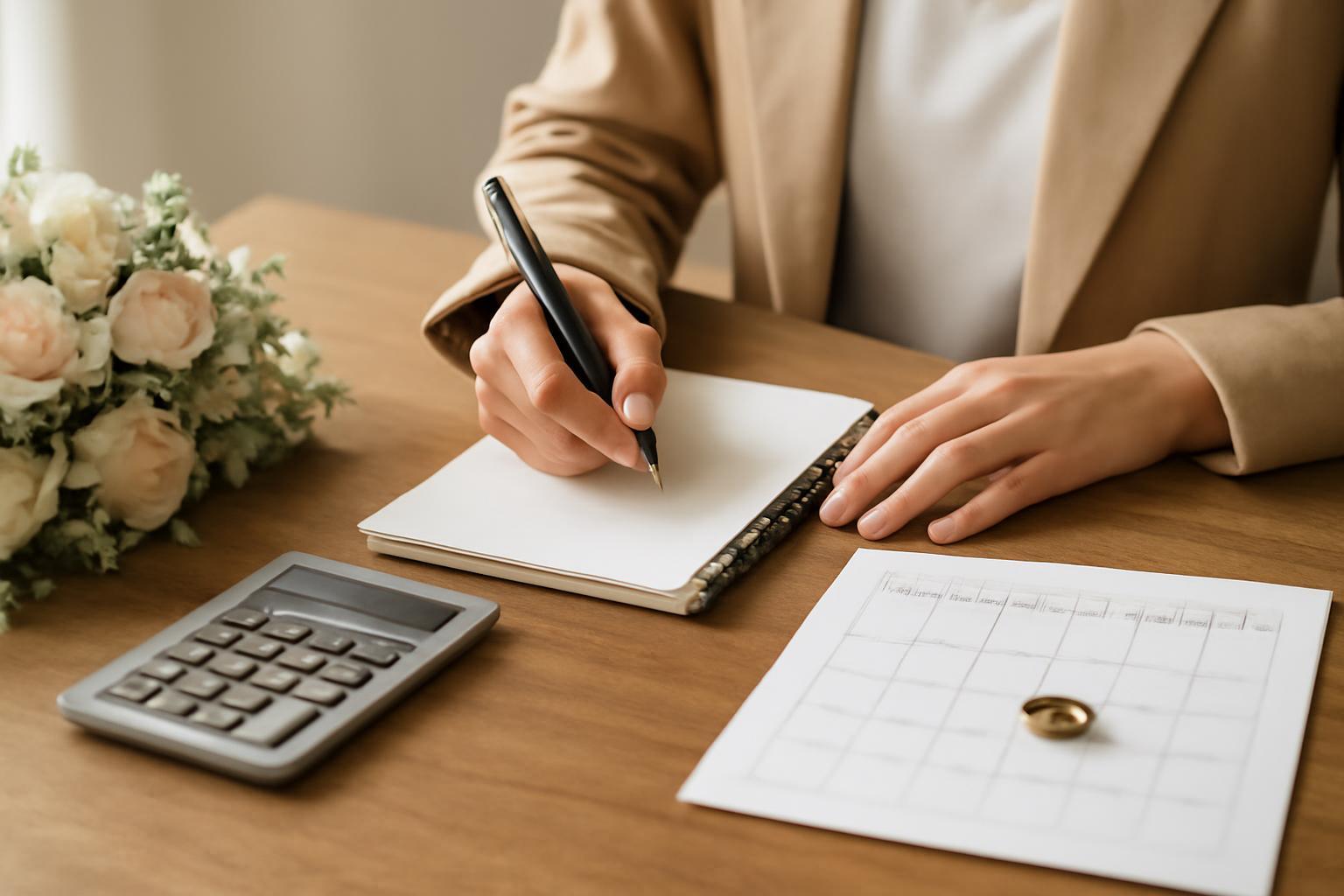 Egy nő jegyzetel egy asztalon, mellette kalkulátor és virágcsokor, esküvőszervezéshez kapcsolódóan.