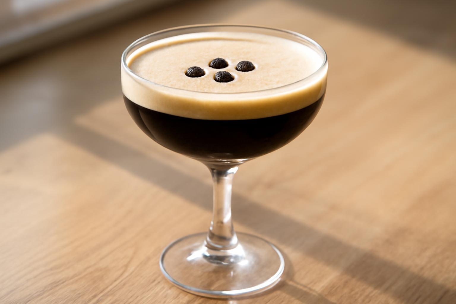 Egy elegáns pohárban tálalt Espresso Martini, kávészemekkel a hab tetején.