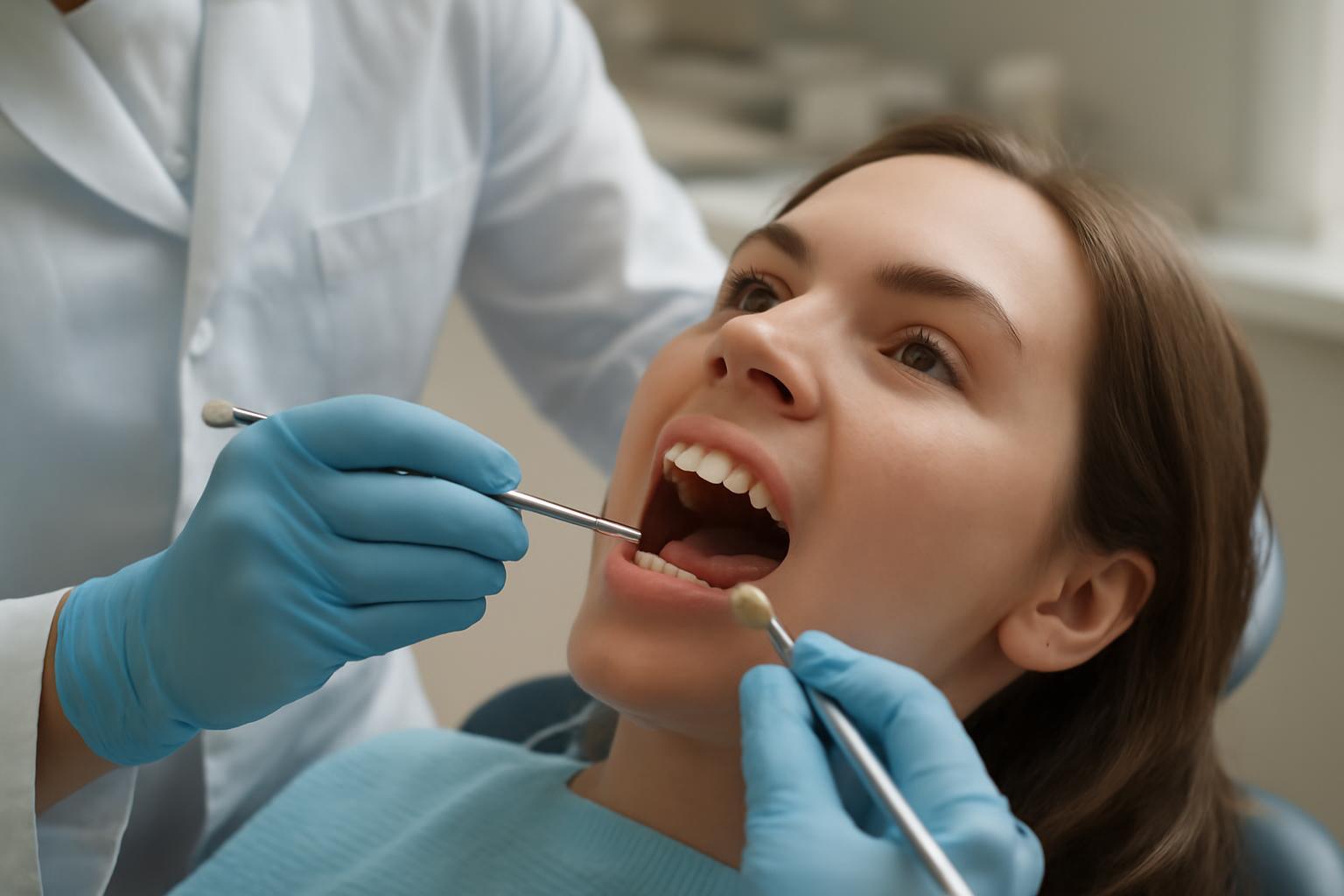 Egy fiatal nő fogászati kezelésen vesz részt, miközben a fogorvos tömést készít.