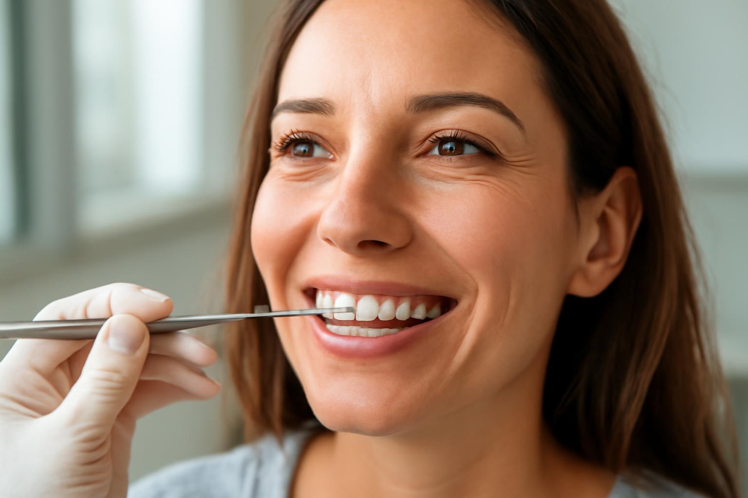 Egy felnőtt nő mosolyog, miközben fogorvosi eszközt használnak a fogszabályozás során.