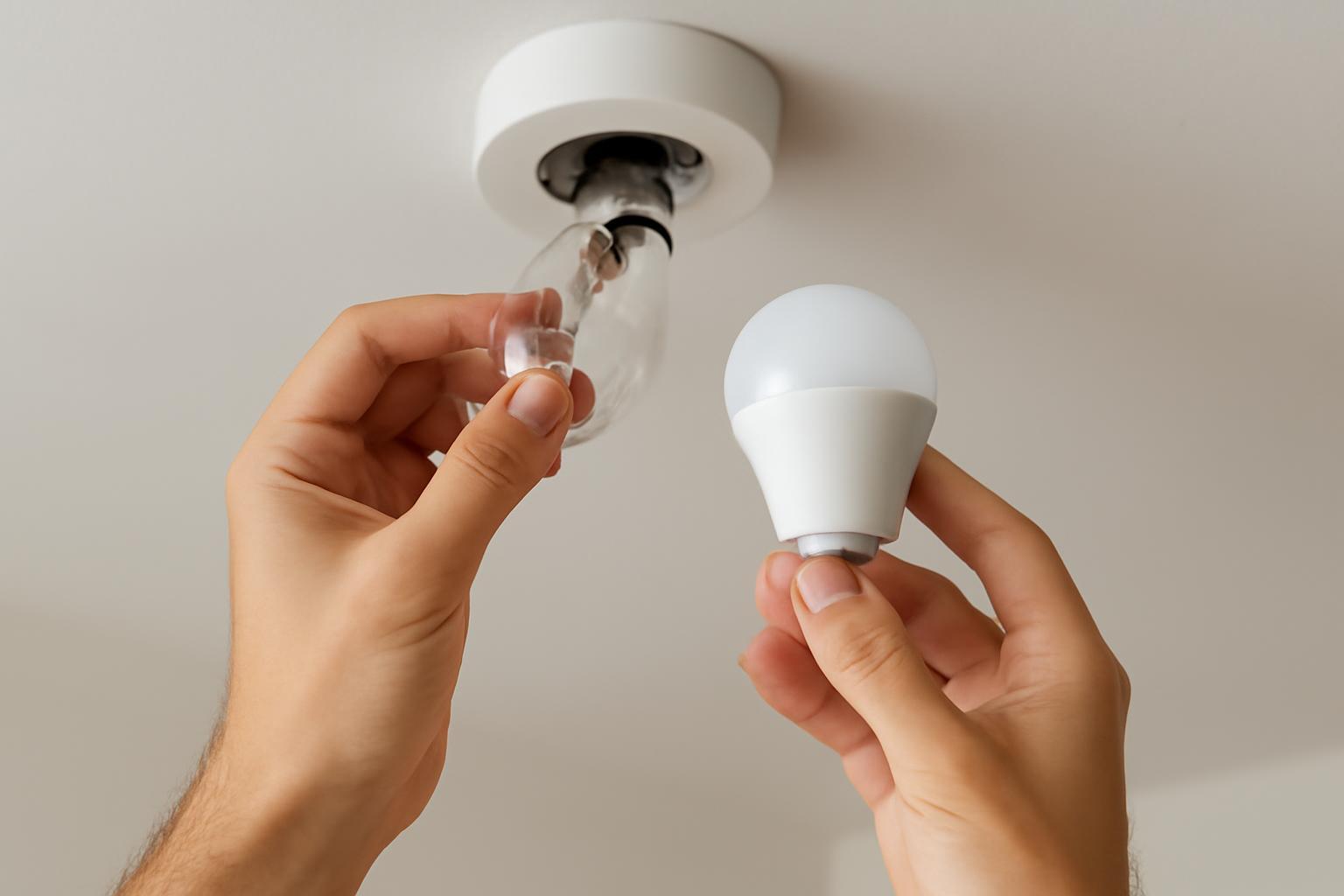 Két kéz LED izzót cserél egy mennyezeti lámpában, energiatakarékos megoldás.