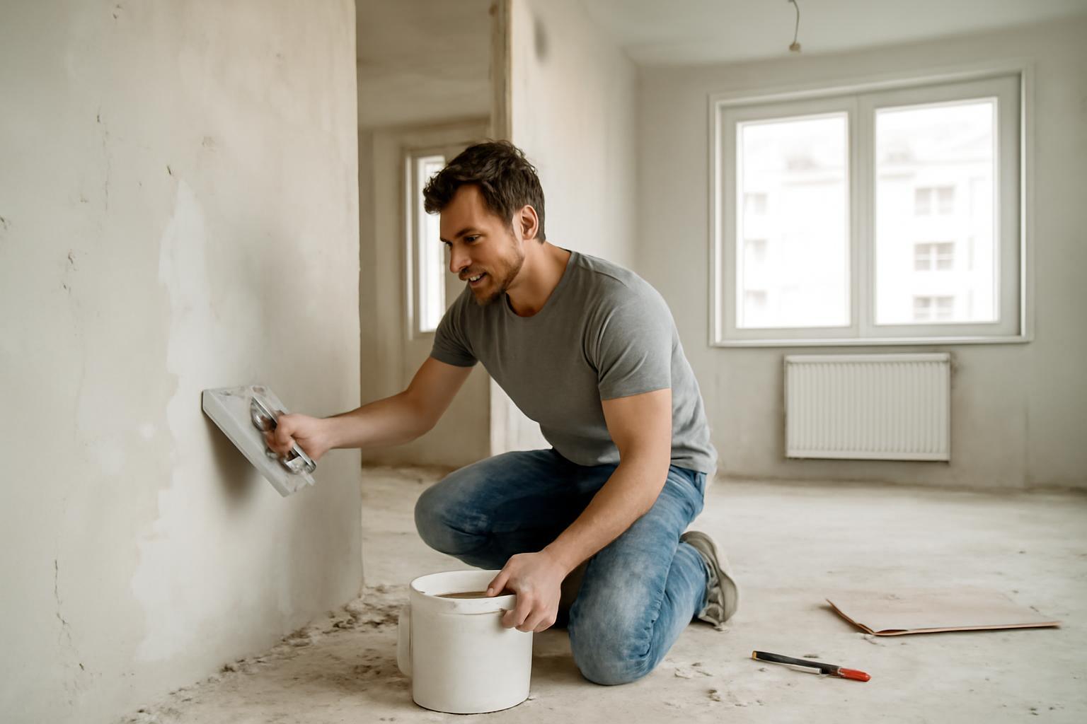Egy fiatal férfi a falat simítja a lakásfelújítás során, mosolyogva dolgozik.