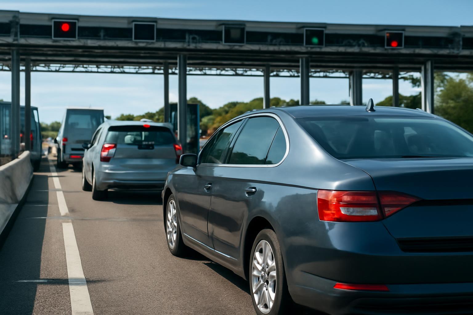Személyautók várakoznak az autópálya díjfizető kapujánál.
