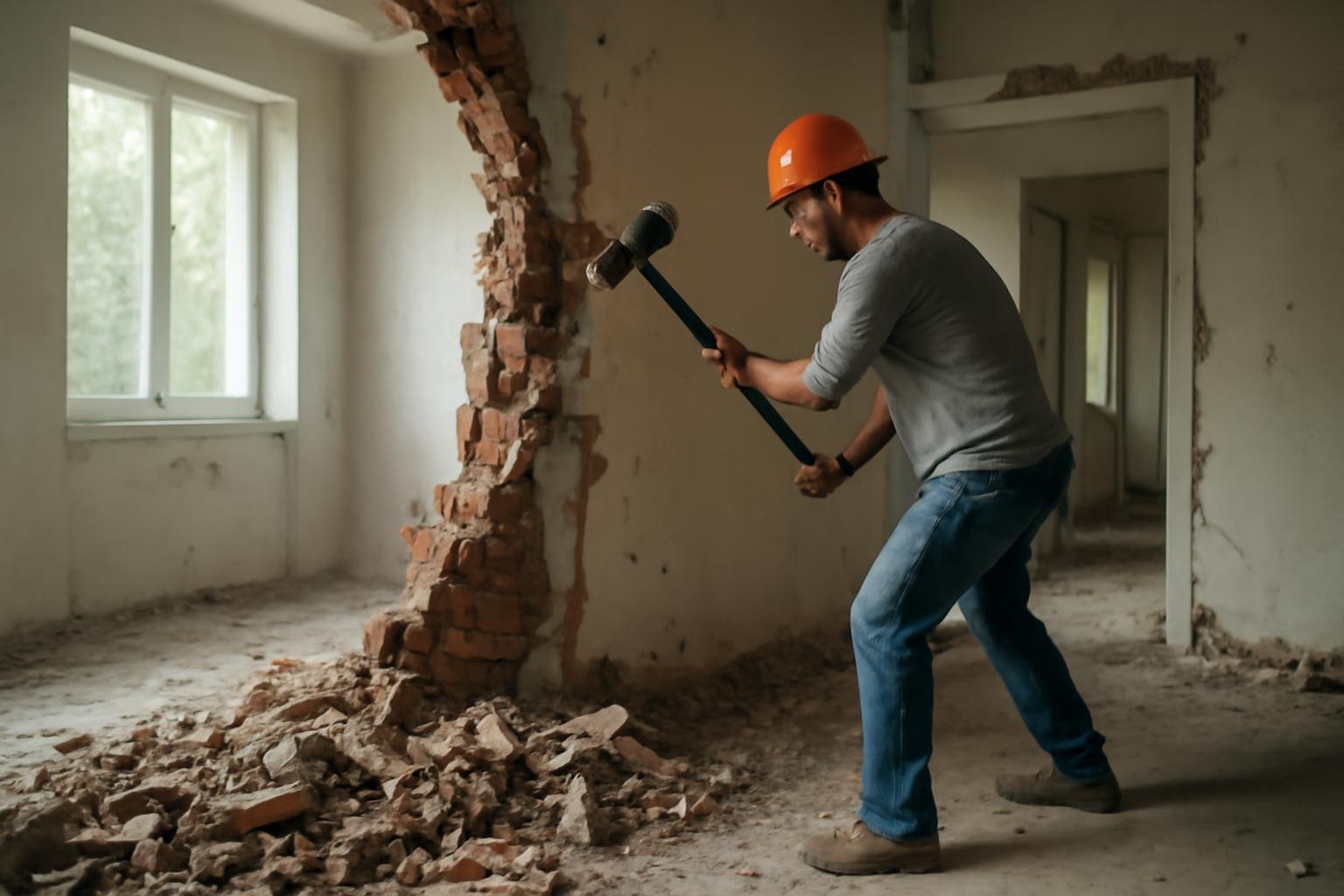 Egy férfi bontási munkát végez, kalapáccsal rombolja a falat egy felújítás során.