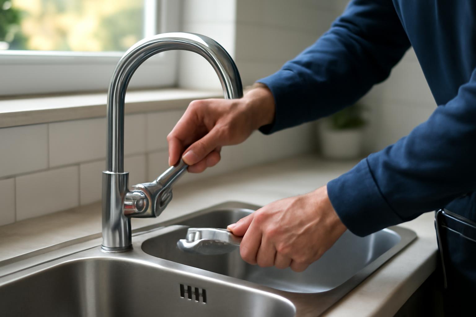 Egy férfi csaptelepet cserél a konyhában, szerszámot használva.