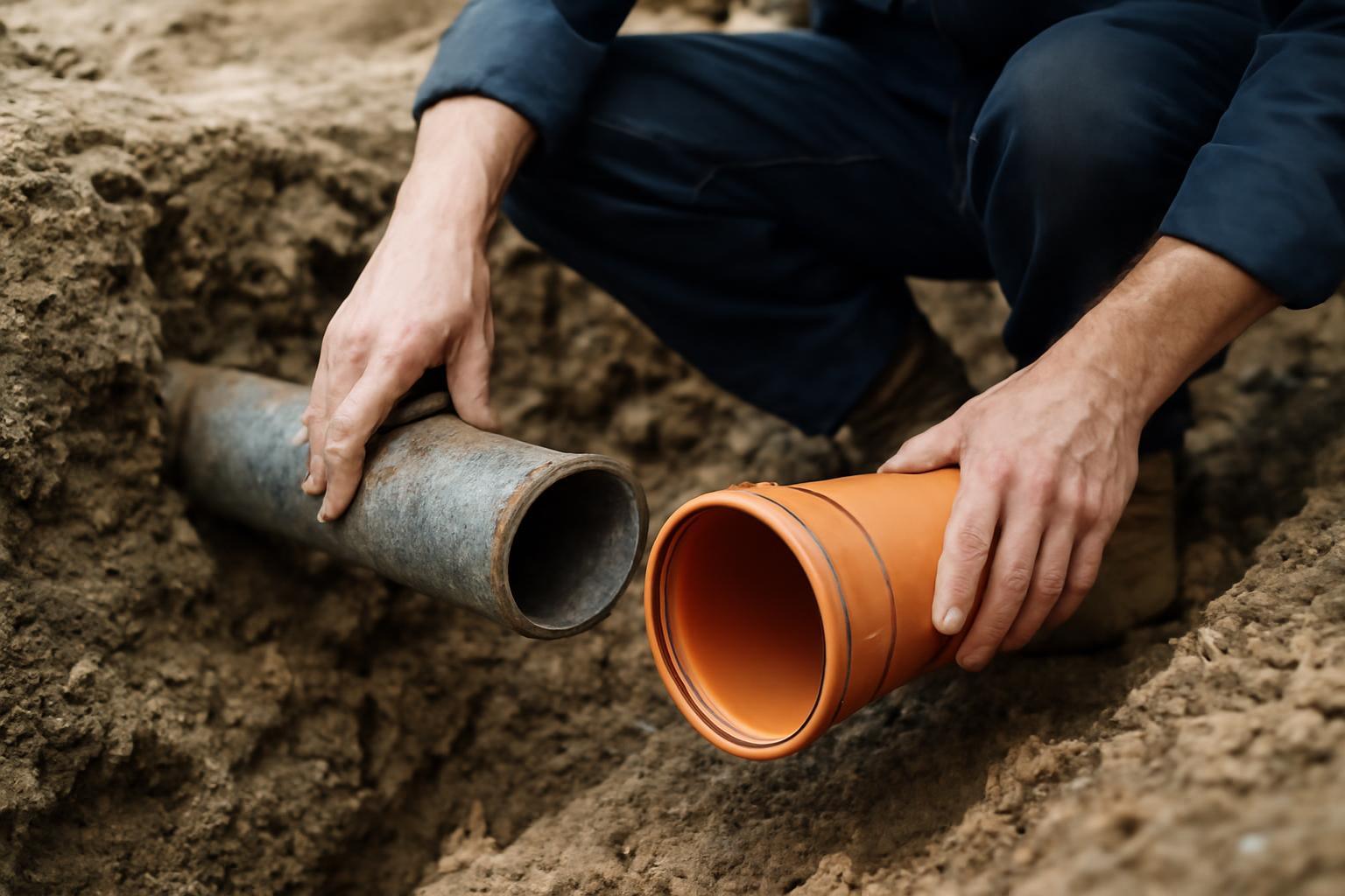 Két cső, egy fém és egy műanyag, csatorna cseréjéhez készülve a földben.