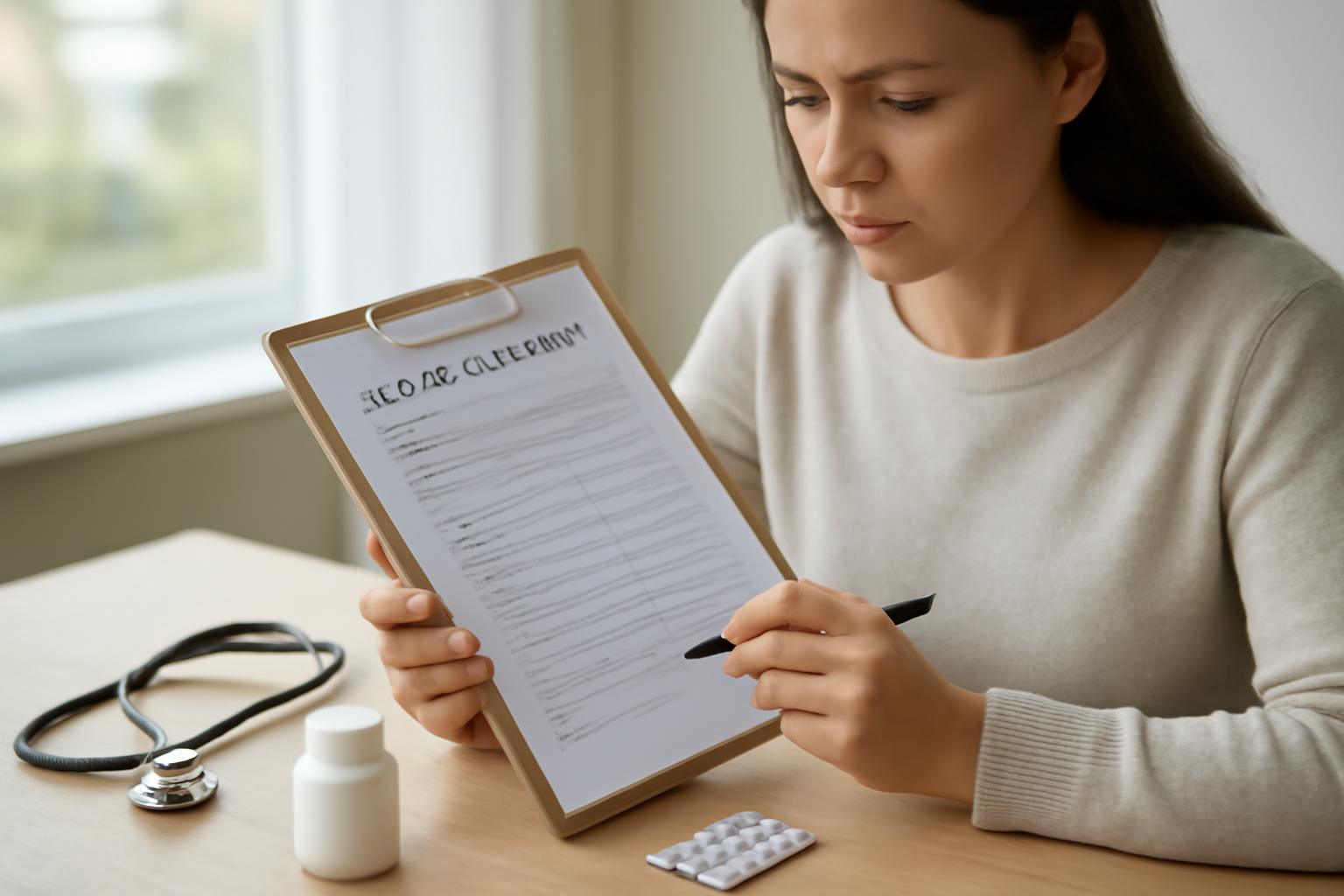 Egy nő egészségügyi papírokat tölt ki, mellette gyógyszerek és sztetoszkóp.