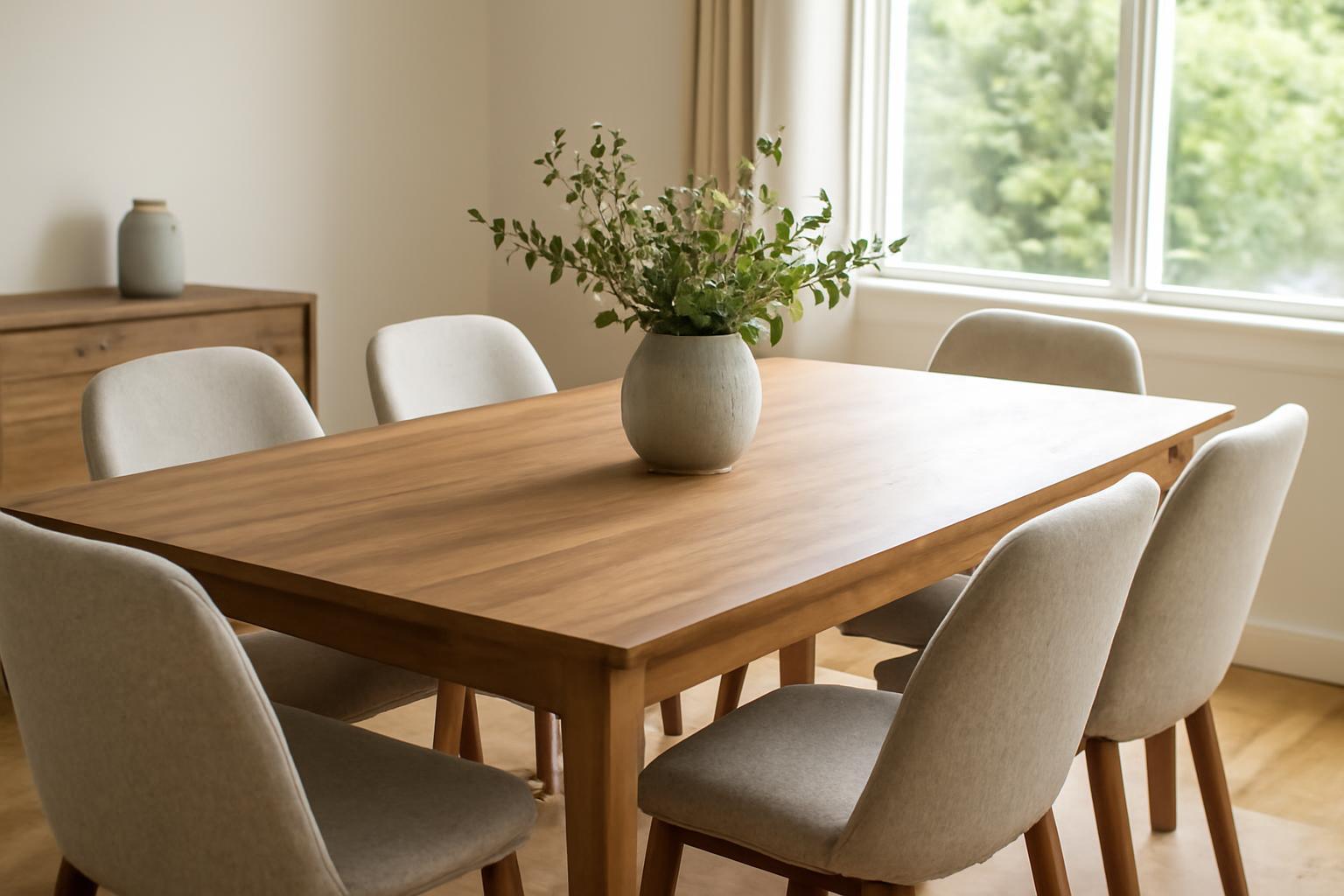 Egy modern étkezőasztal, körülötte hat kényelmes szék, középen virágcsokorral.