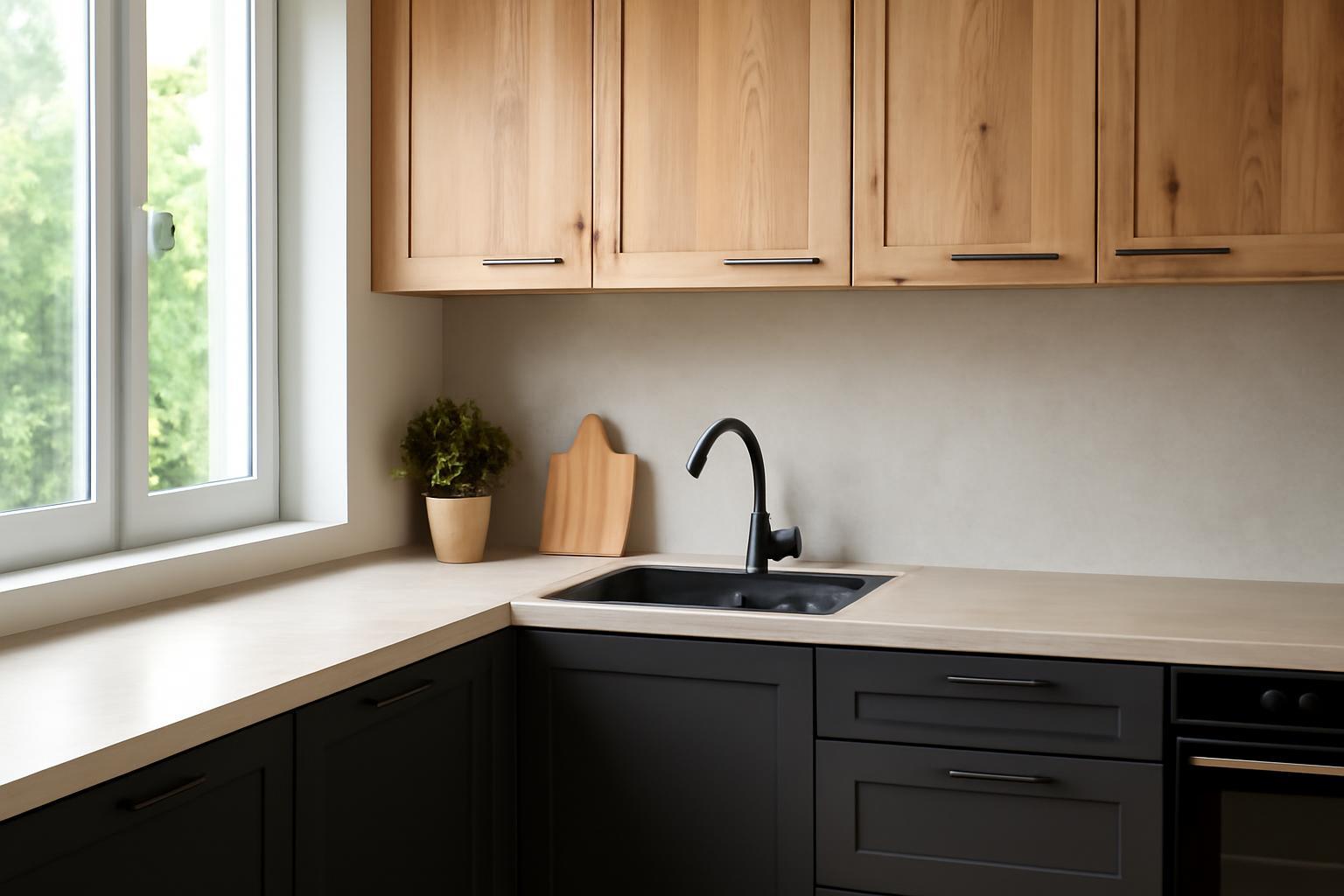 Modern konyha fekete és fa szekrényekkel, mosogatóval és ablak mellett.