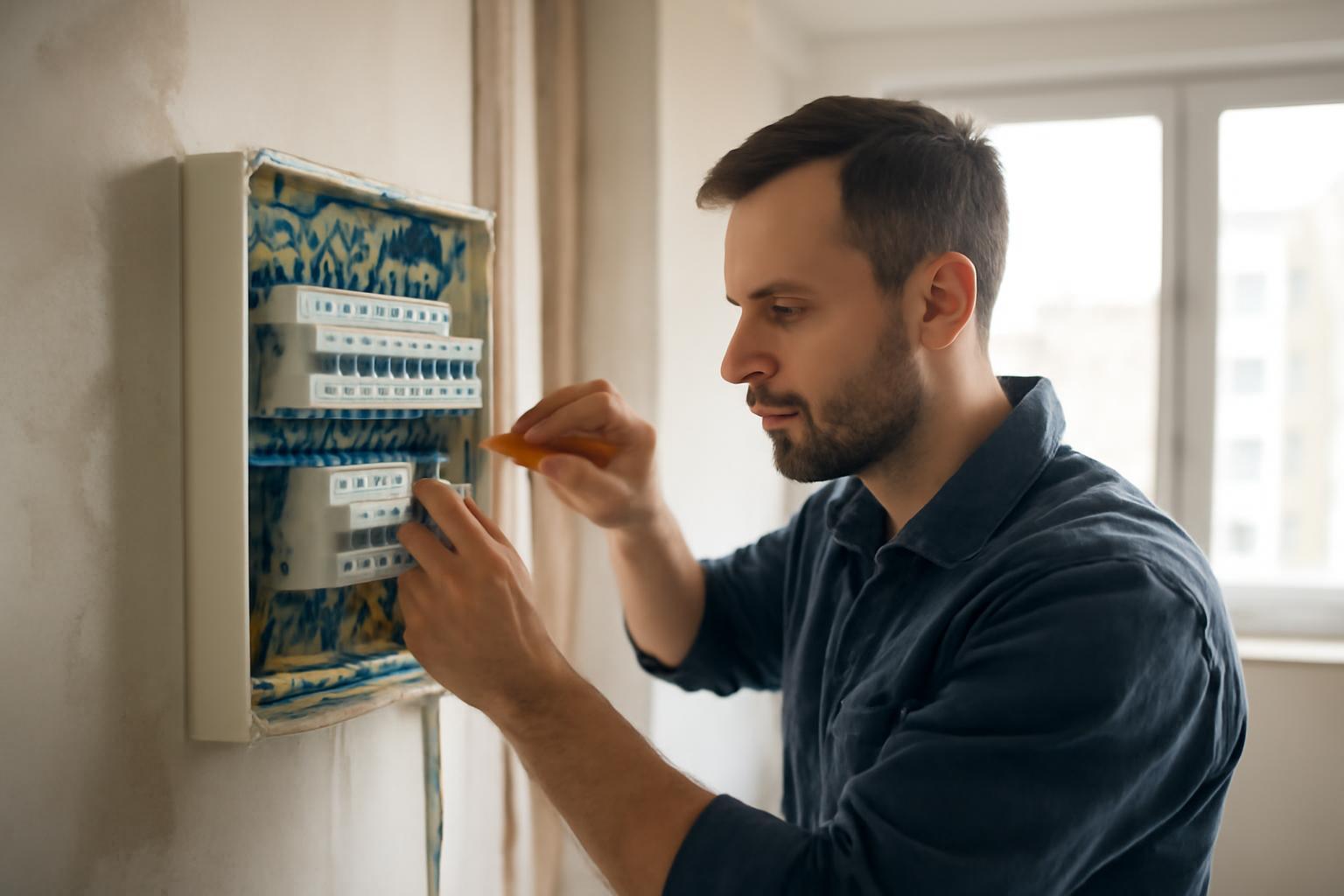Egy férfi elektromos panelt szerel, figyelmesen dolgozik a vezetékekkel.