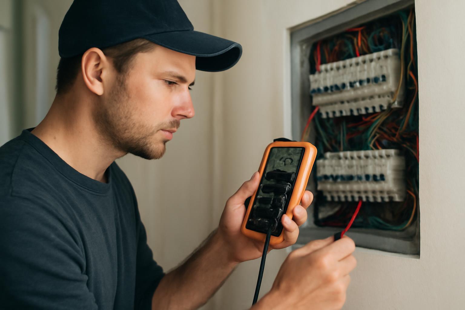Egy szakember elektromos hibakeresést végez egy panelen, műszerrel a kezében.