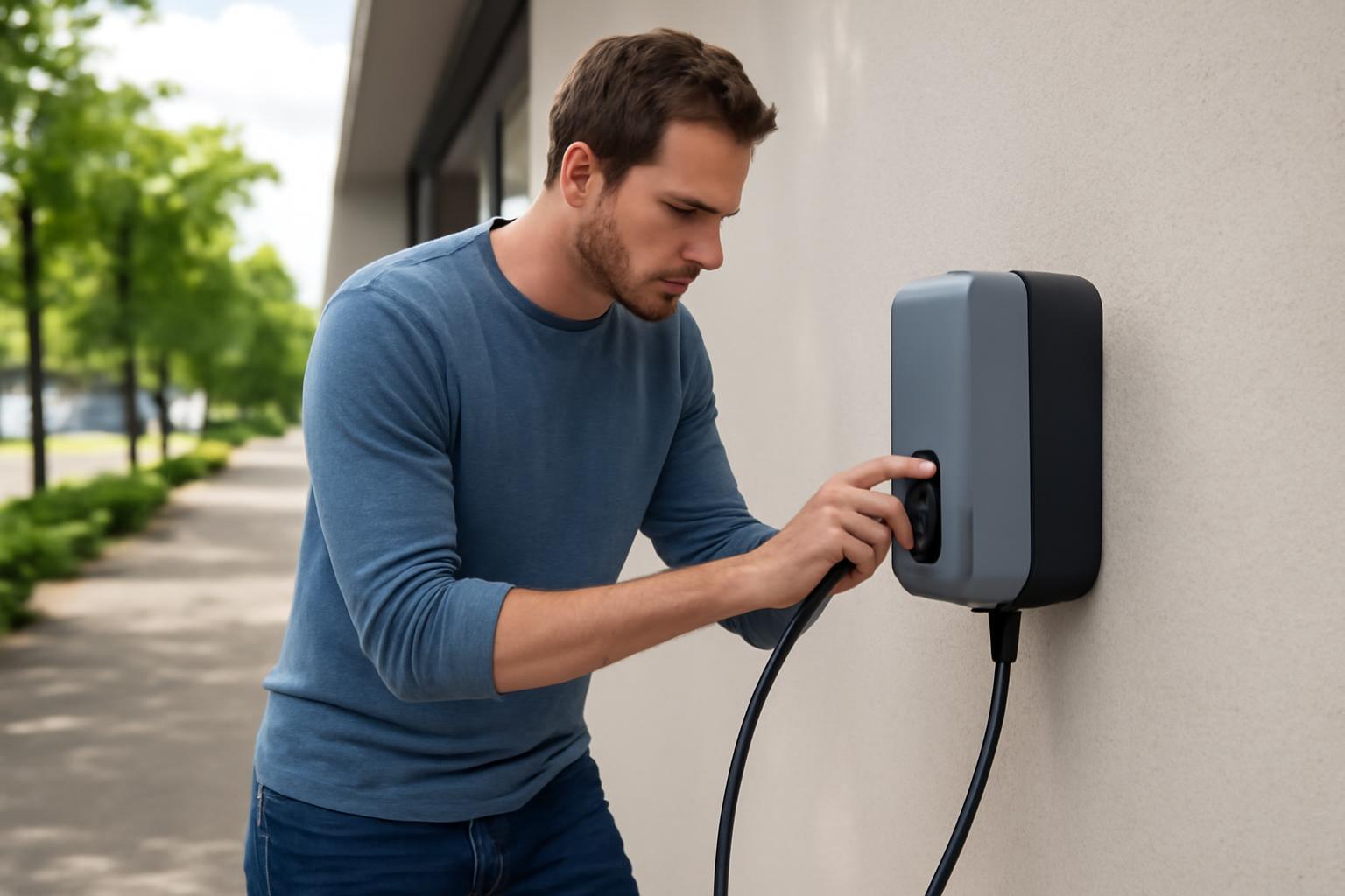 Egy férfi elektromos autót tölt egy modern töltőállomáson.