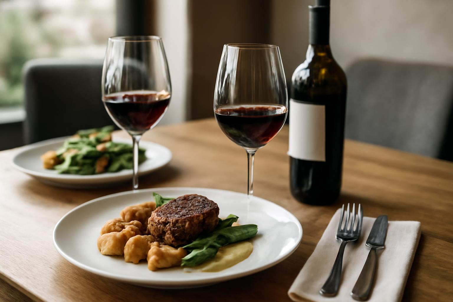 Két tányér étel, vörösboros poharak és egy borosüveg az étteremben.