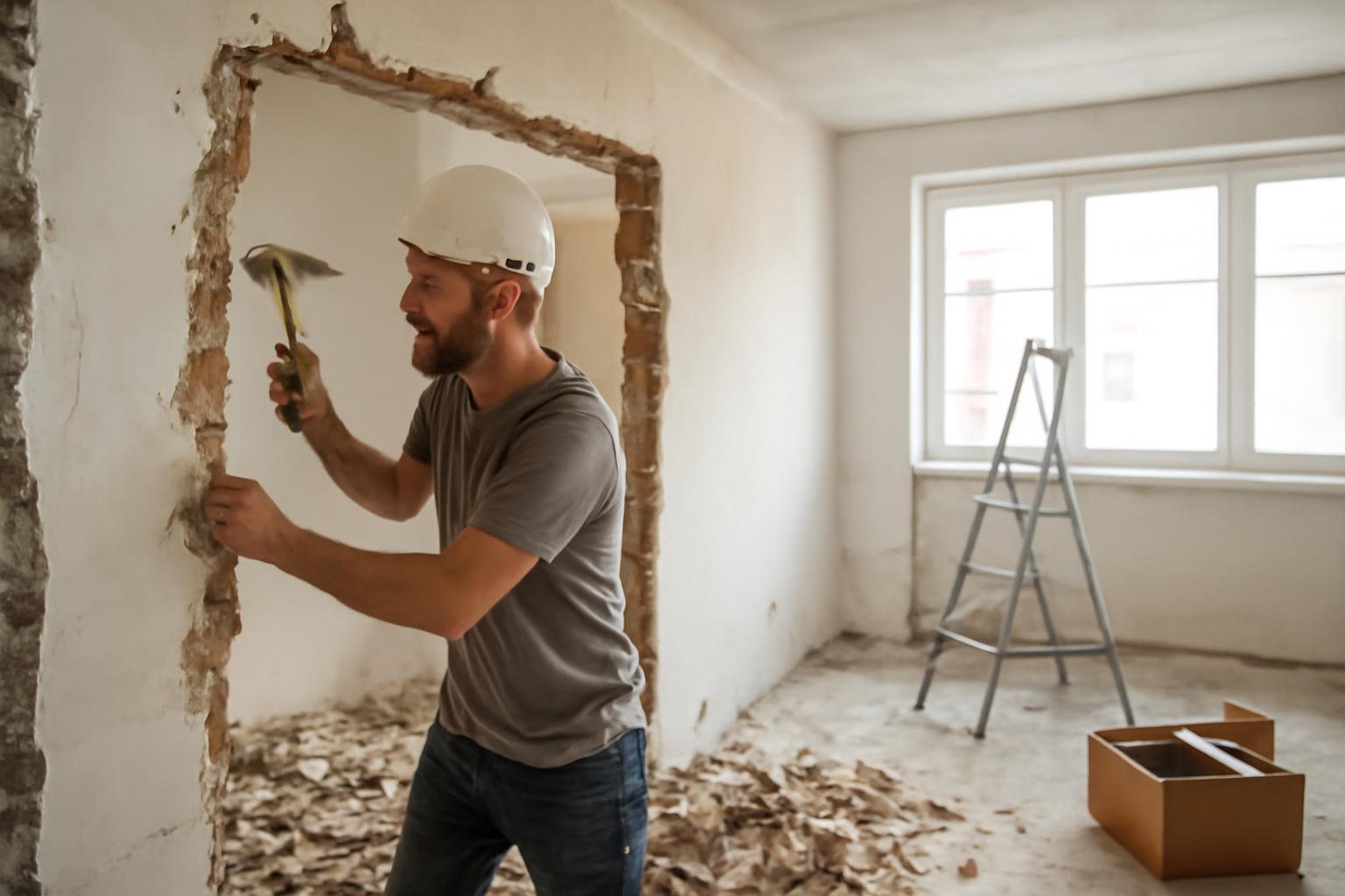 Egy férfi falbontást végez egy lakásban, felújítás közben.
