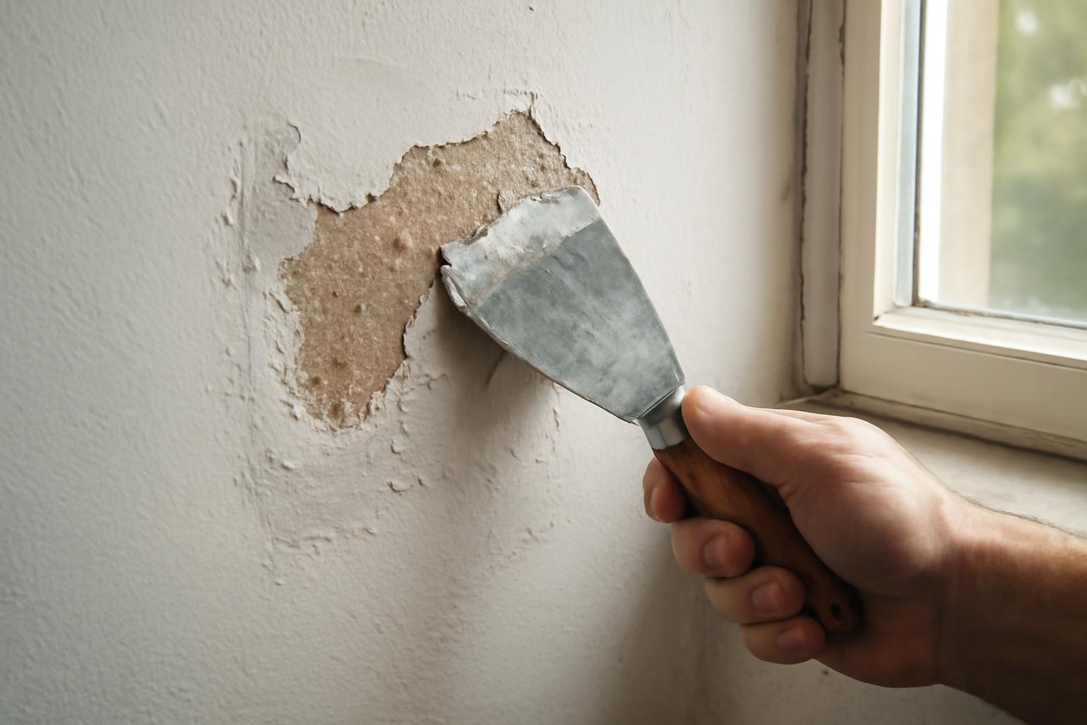 Kéz egy spatulával, amely faljavítást végez egy sérült falon.