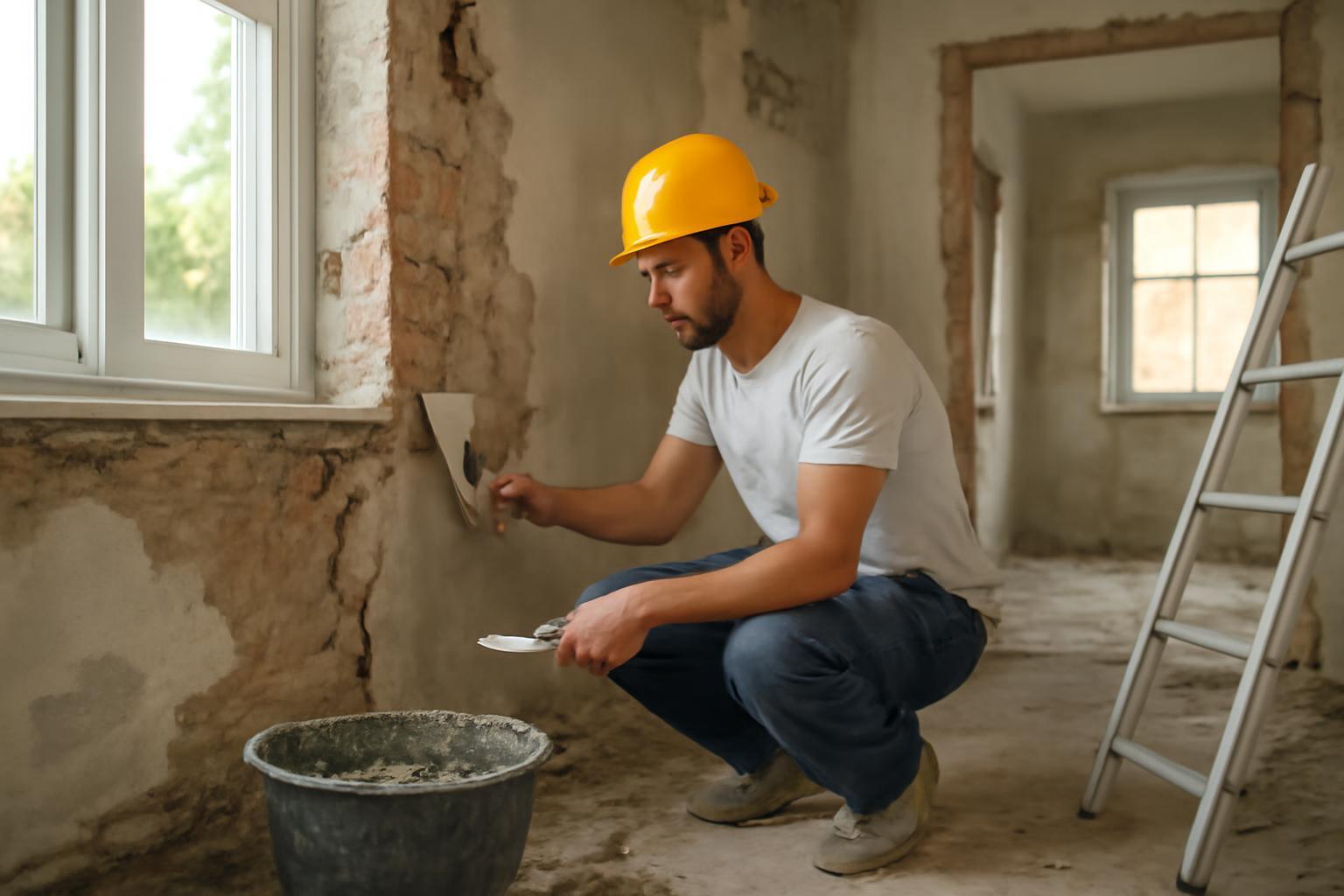 Egy férfi a falat javítja egy felújítás alatt álló házban, mellette vödör és létra.