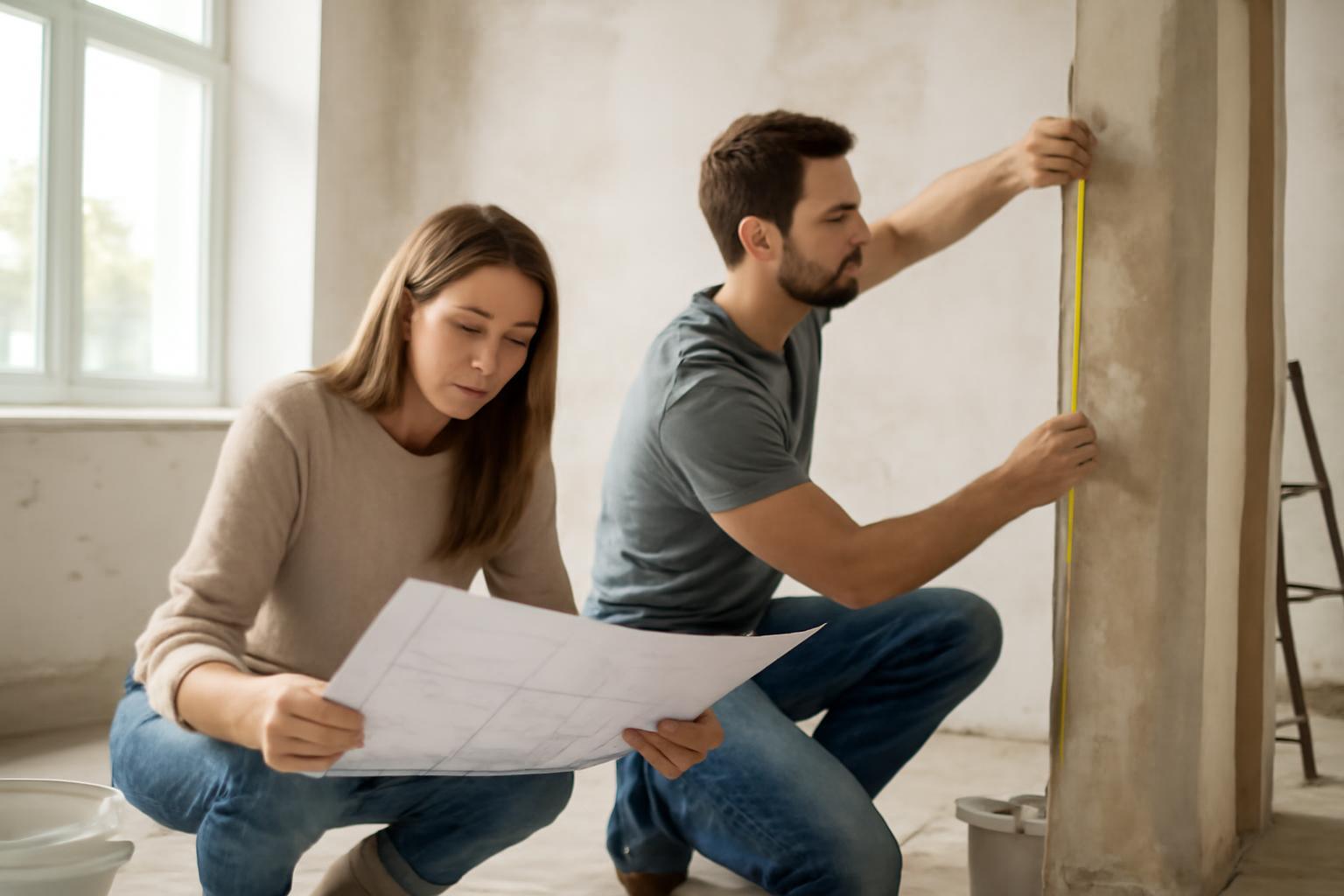 Egy pár a lakásfelújítás tervezésén dolgozik, mérőszalaggal és tervekkel.