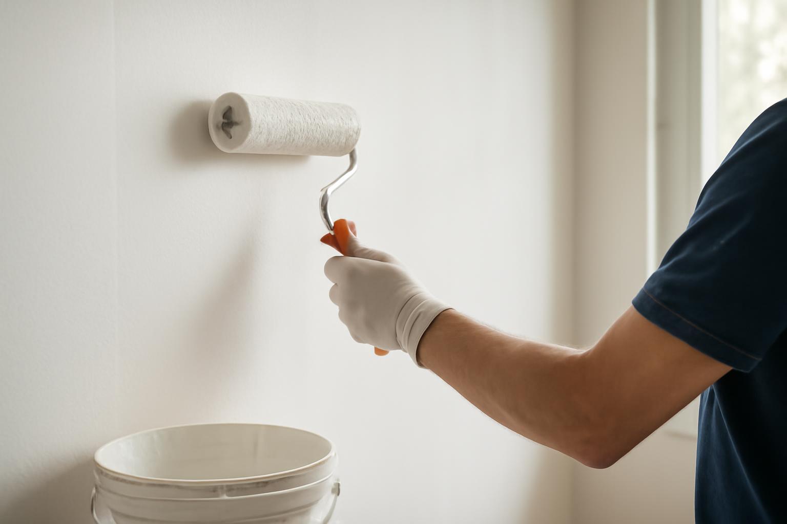 Egy festő a falat festi egy hengert használva, fehér falon.